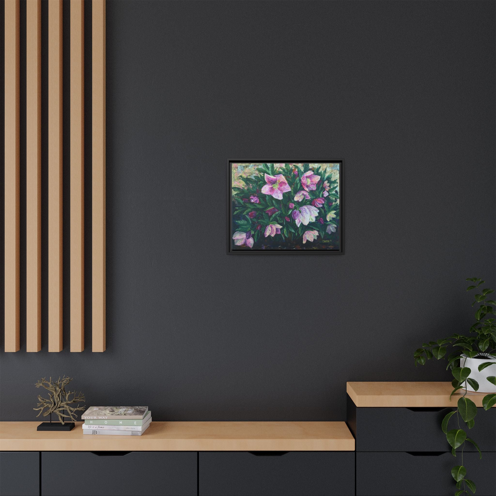 Pink Hellebore Botanical Wall Art - Framed Floral Canvas Print