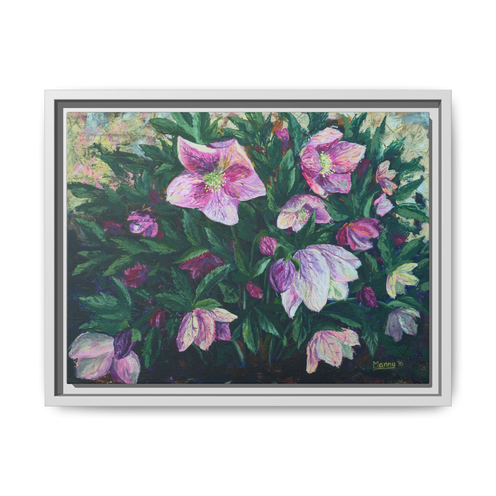 Pink Hellebore Botanical Wall Art - Framed Floral Canvas Print