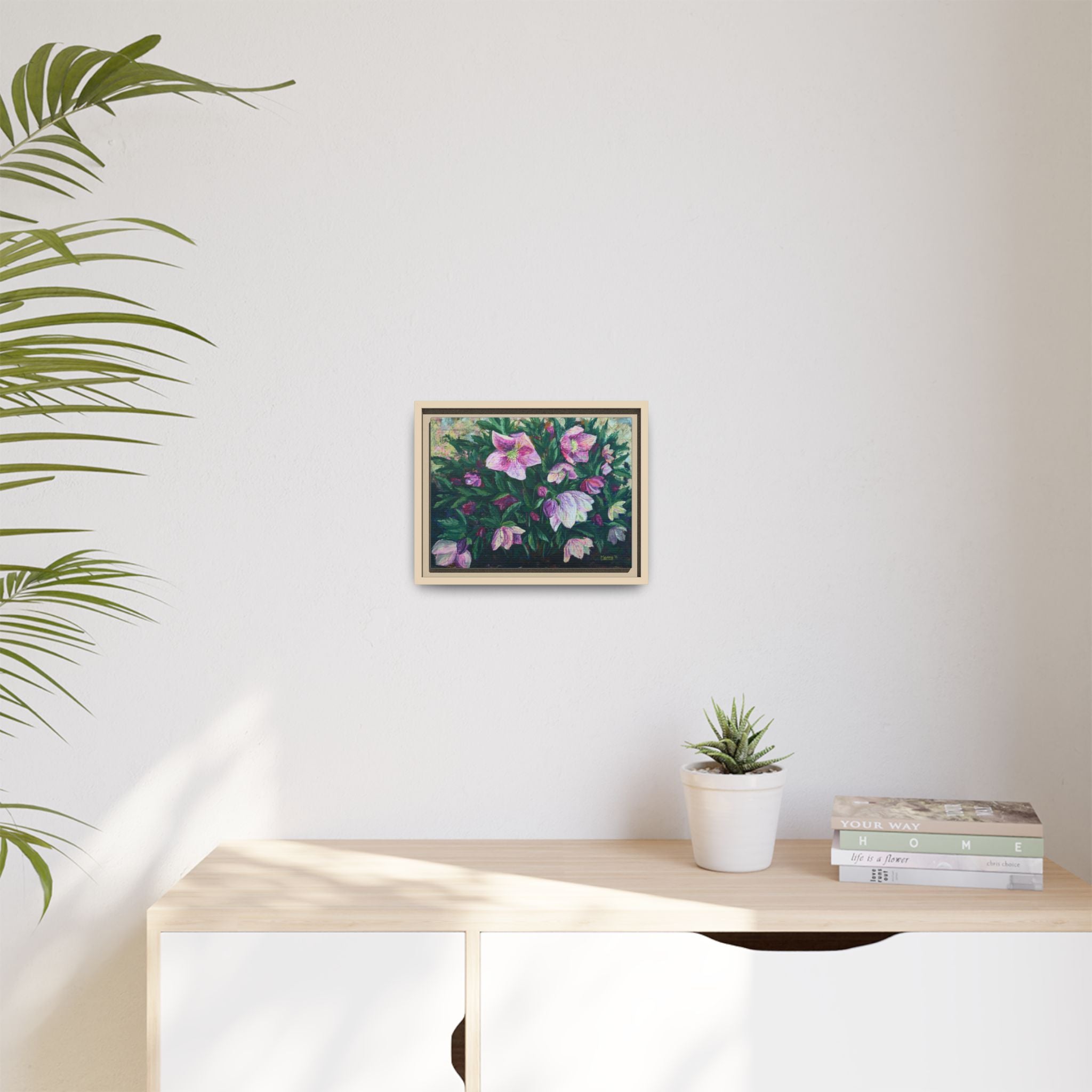 Pink Hellebore Botanical Wall Art - Framed Floral Canvas Print
