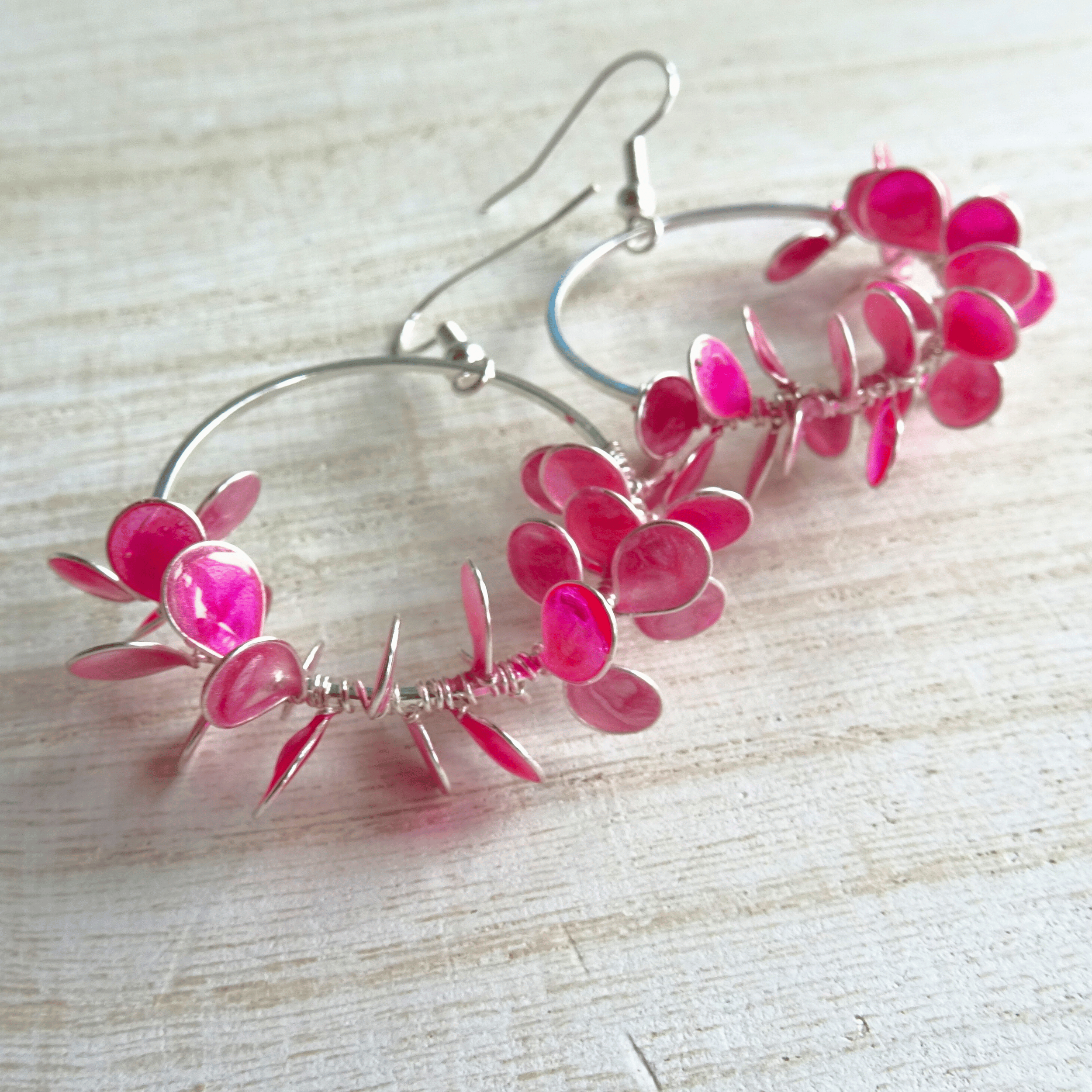 pink flower petal hoop earrings