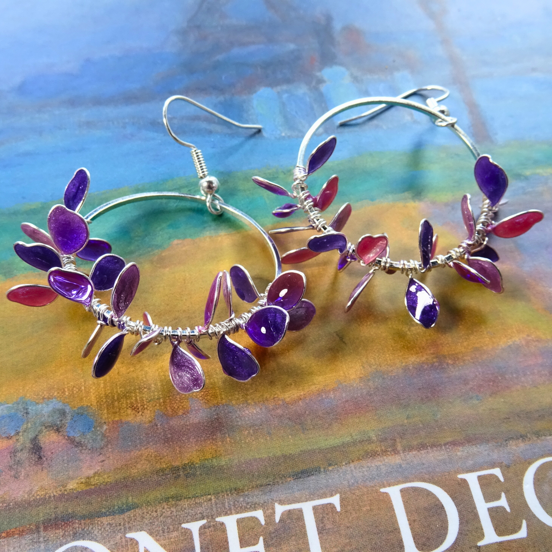 Purple flower wreath hoop earrings