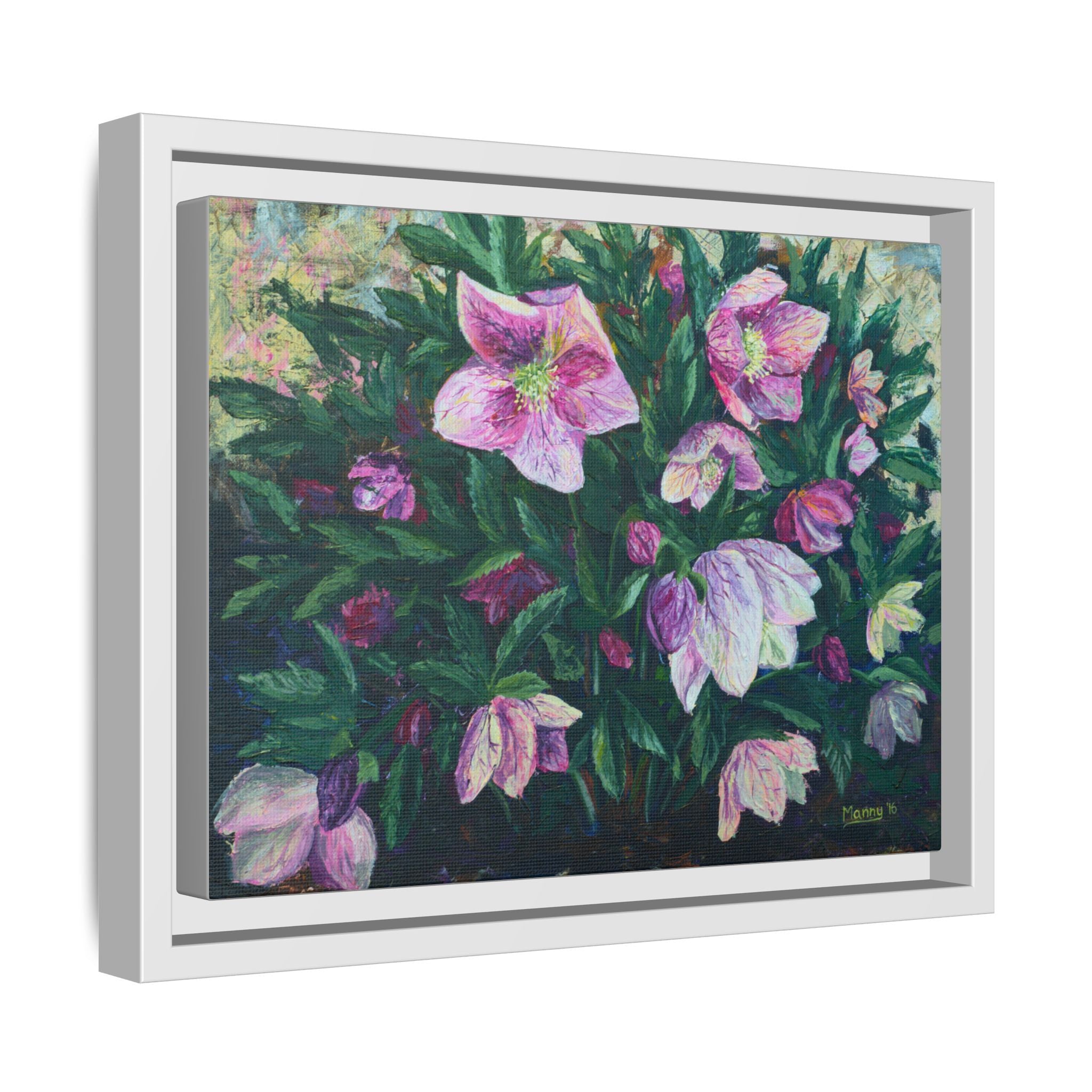 Pink Hellebore Botanical Wall Art - Framed Floral Canvas Print