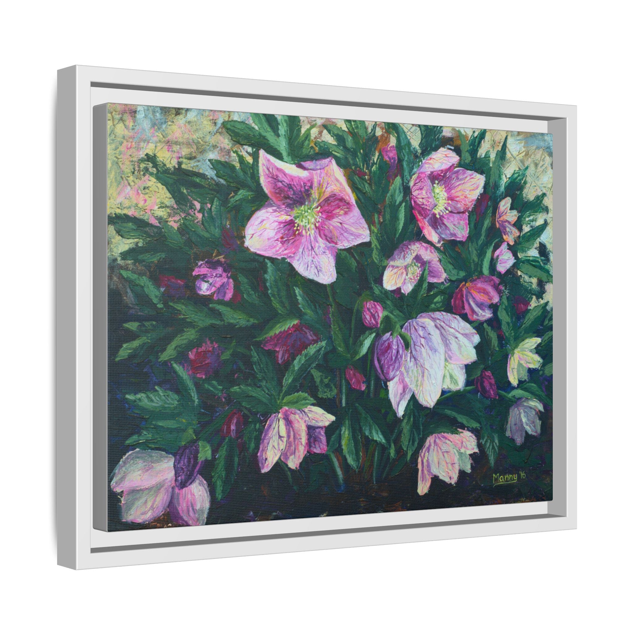 Pink Hellebore Botanical Wall Art - Framed Floral Canvas Print