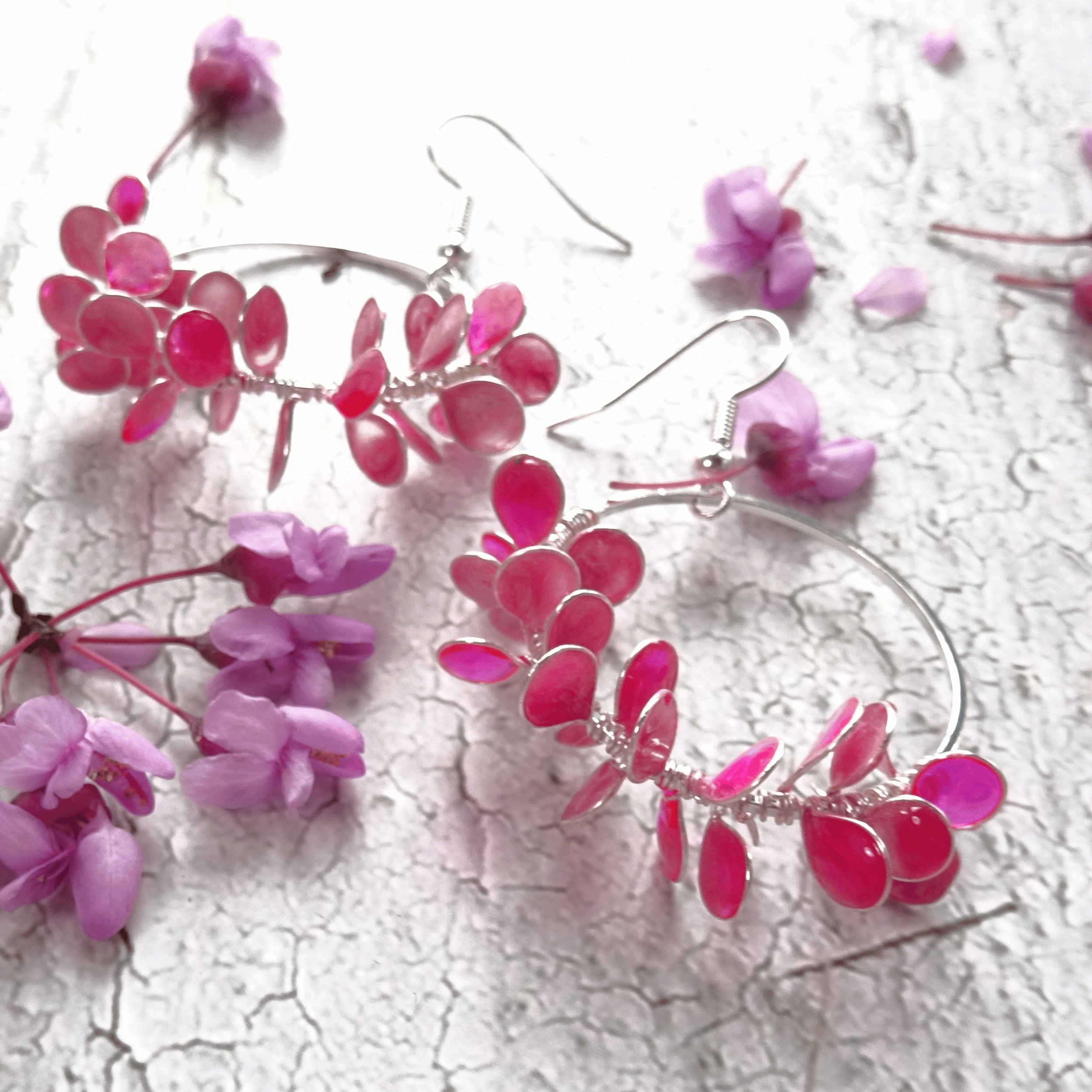 pink flower petal hoop earrings