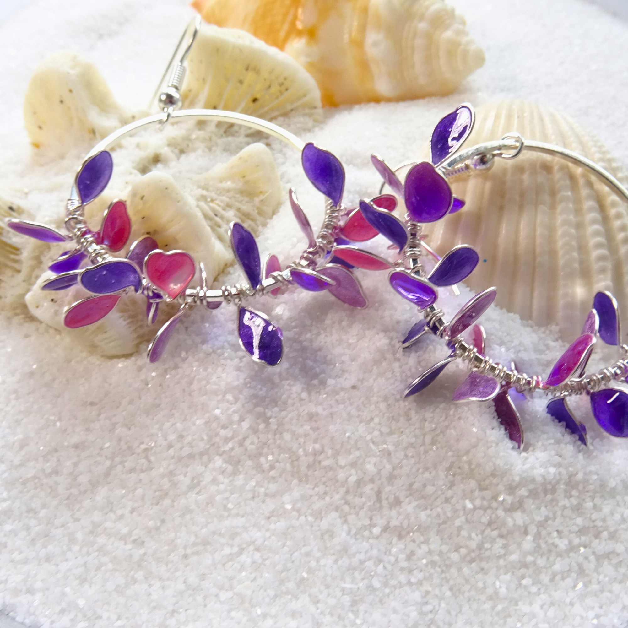 Purple flower wreath hoop earrings