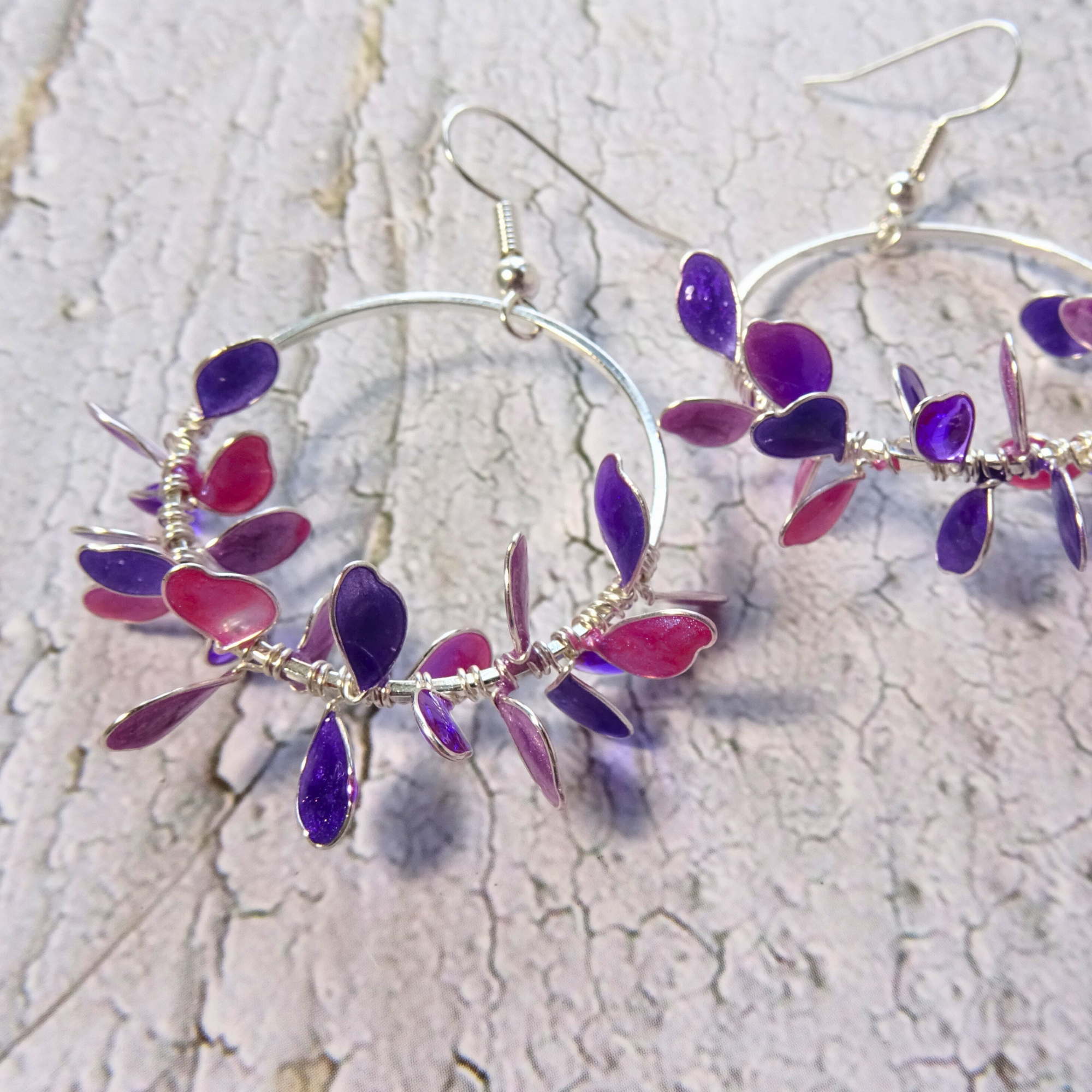 Purple flower wreath hoop earrings