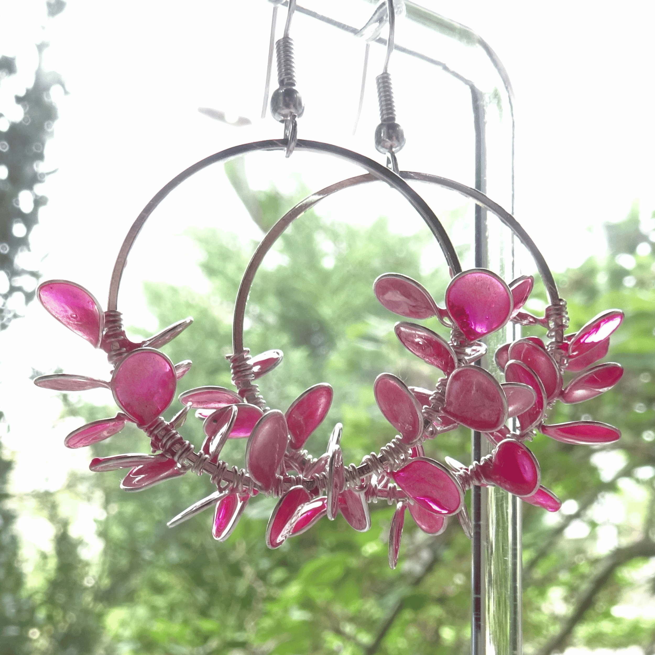 pink flower petal hoop earrings