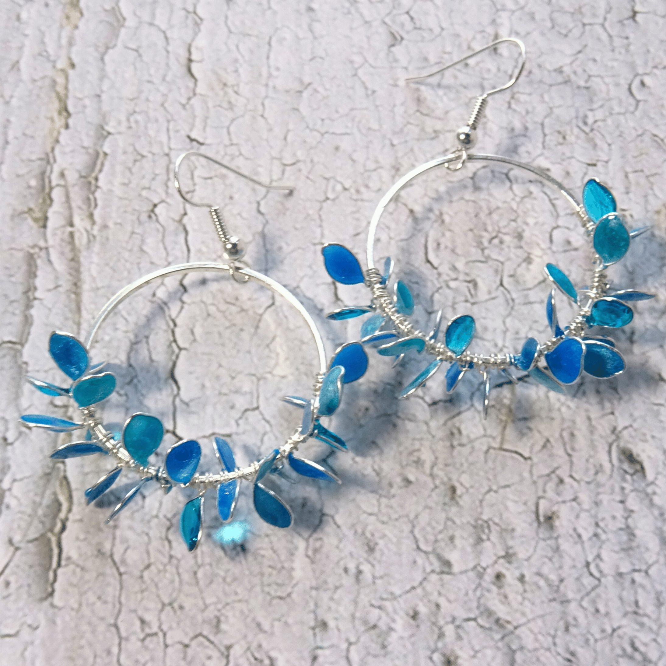 blue flower wreath hoop earrings