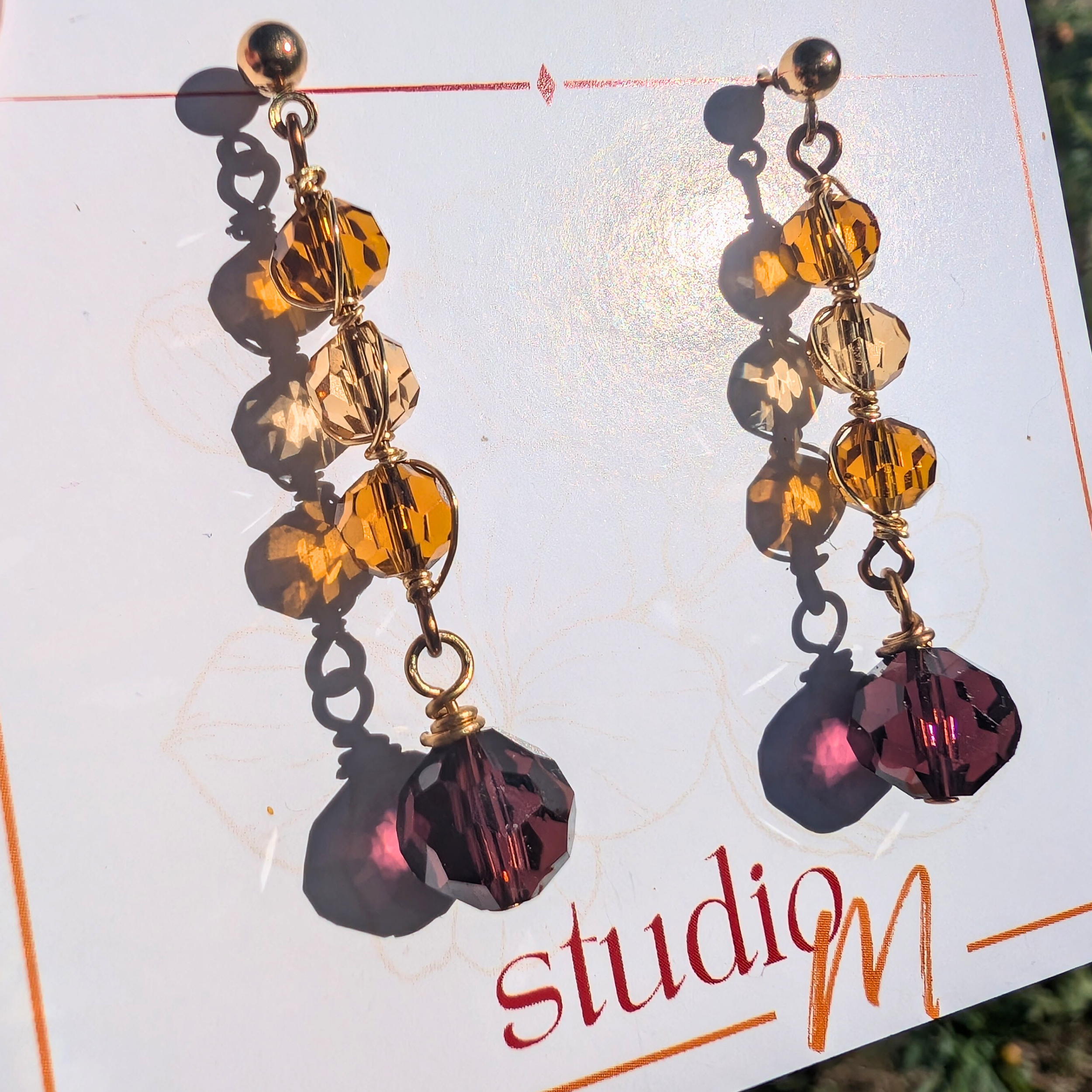 Amber brown crystal drop earrings