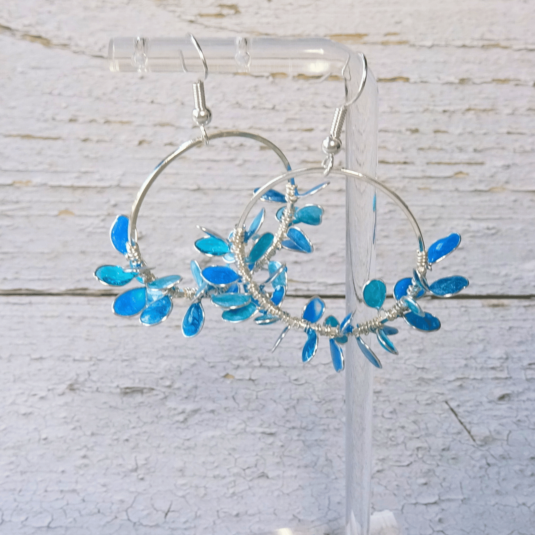 blue flower wreath hoop earrings
