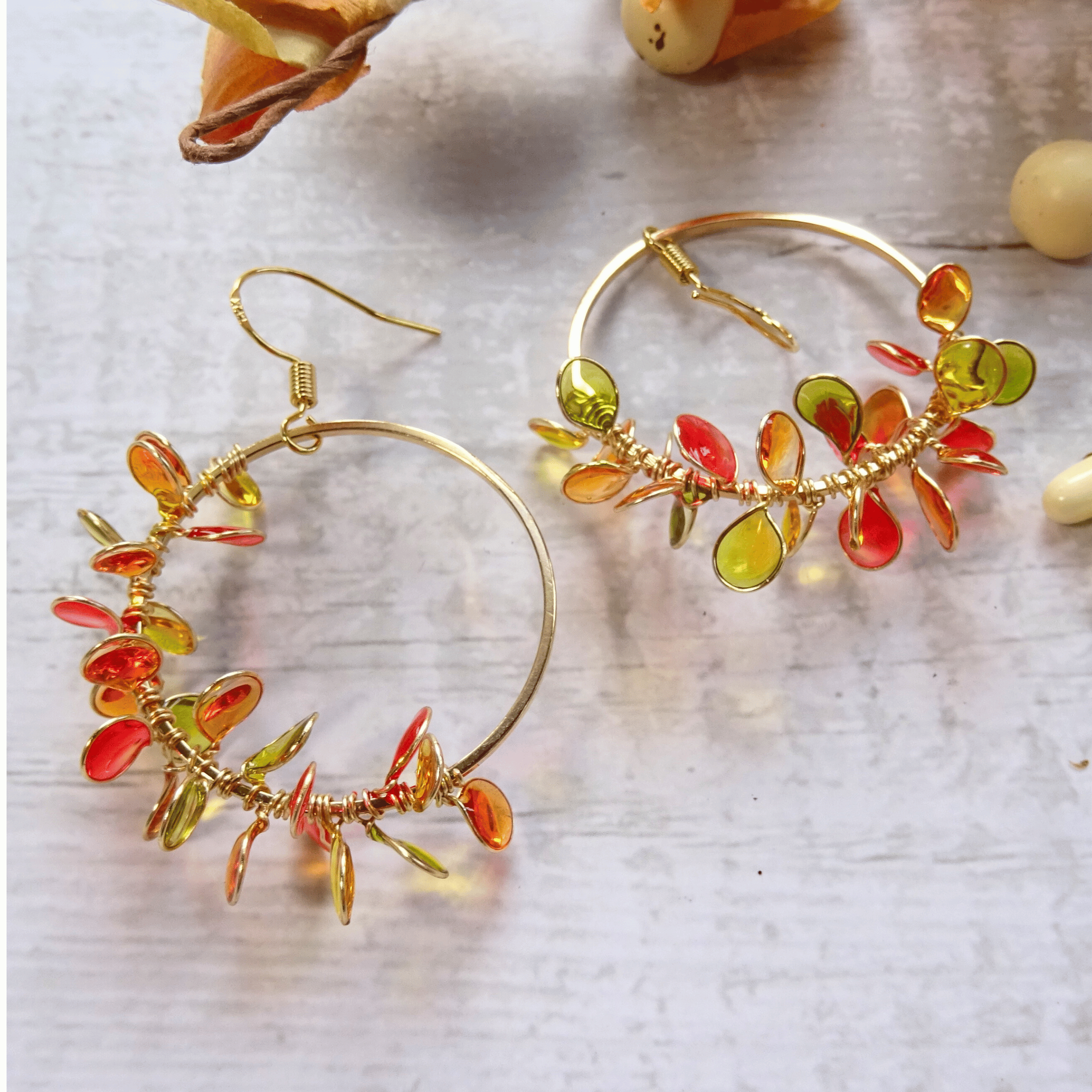 Autumn colored fall foliage wreath earrings