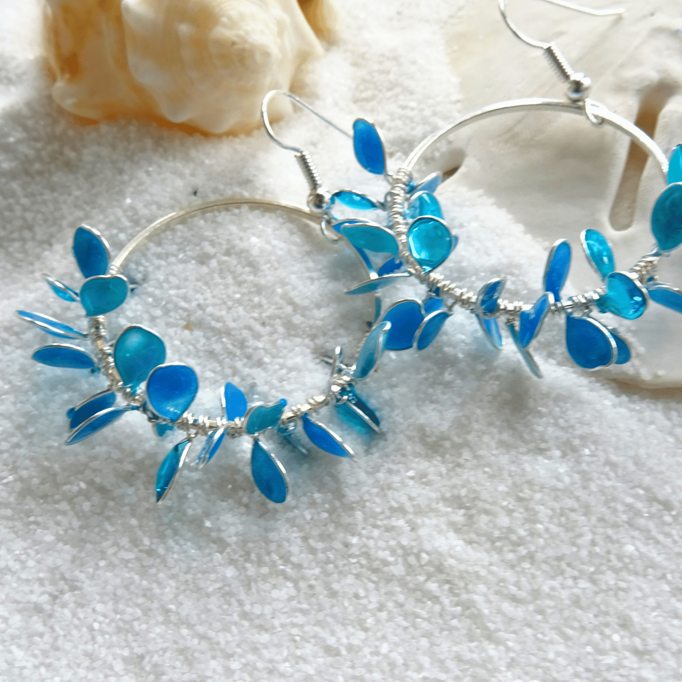 blue flower wreath hoop earrings
