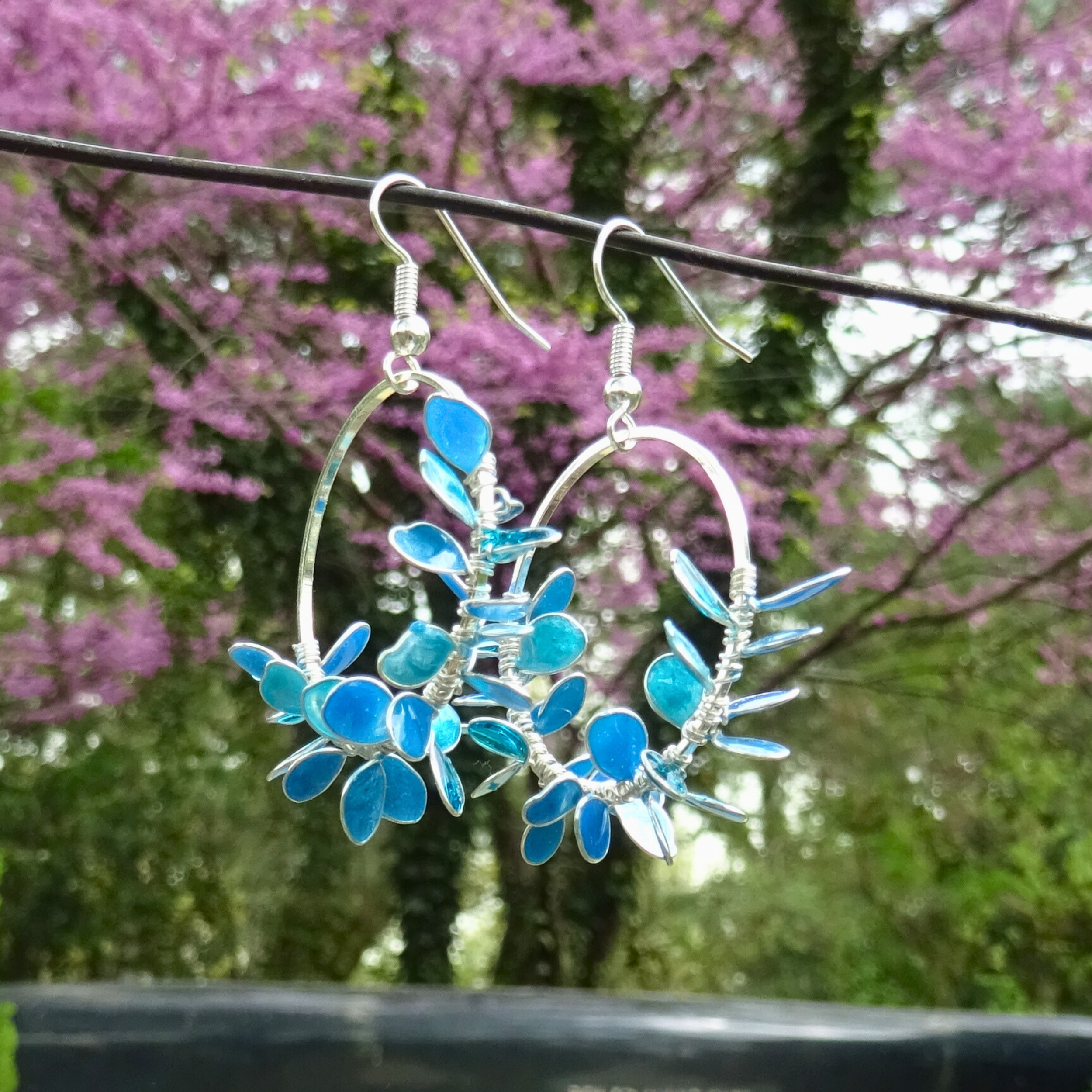 blue flower wreath hoop earrings