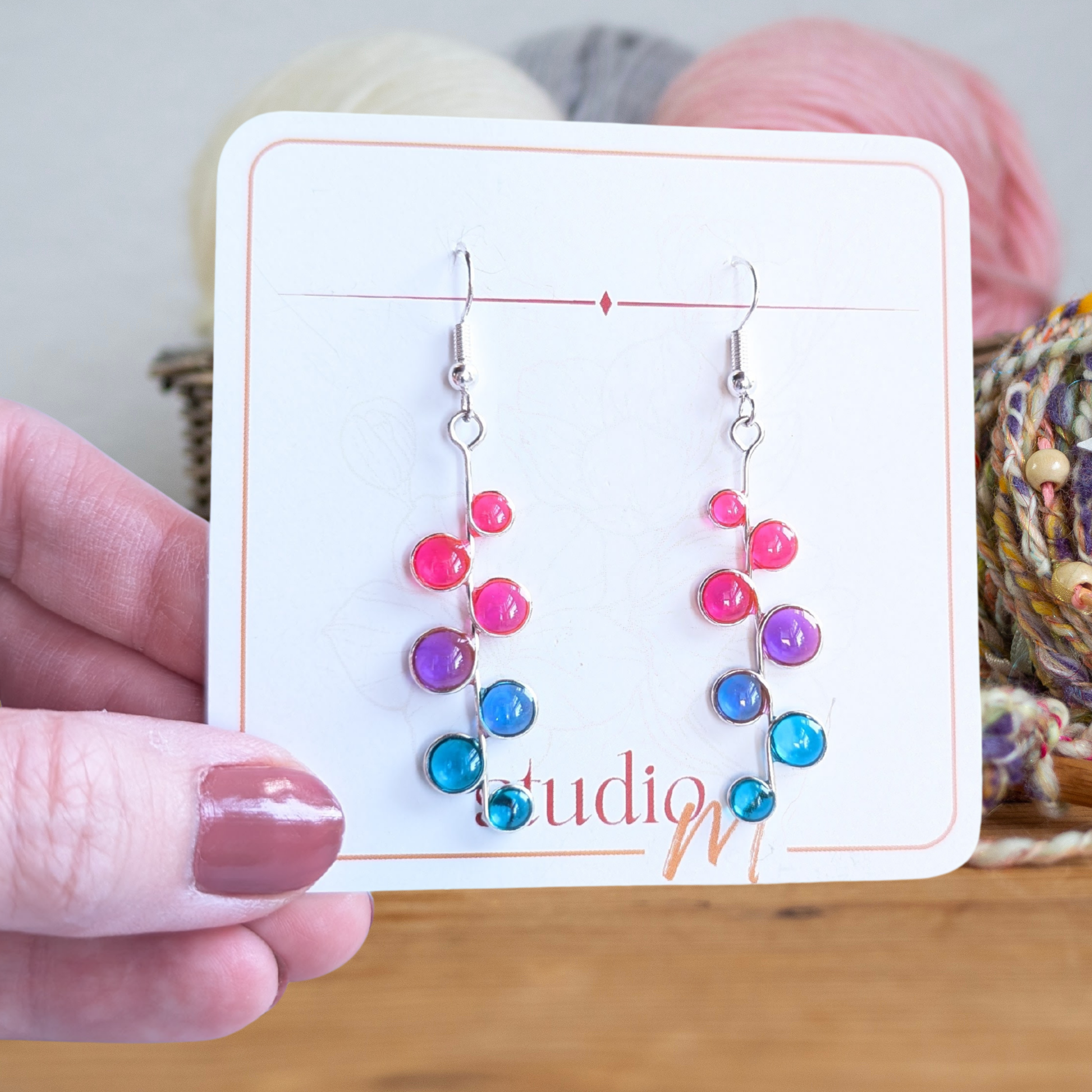 Pink blue and purple stained glass resin earrings