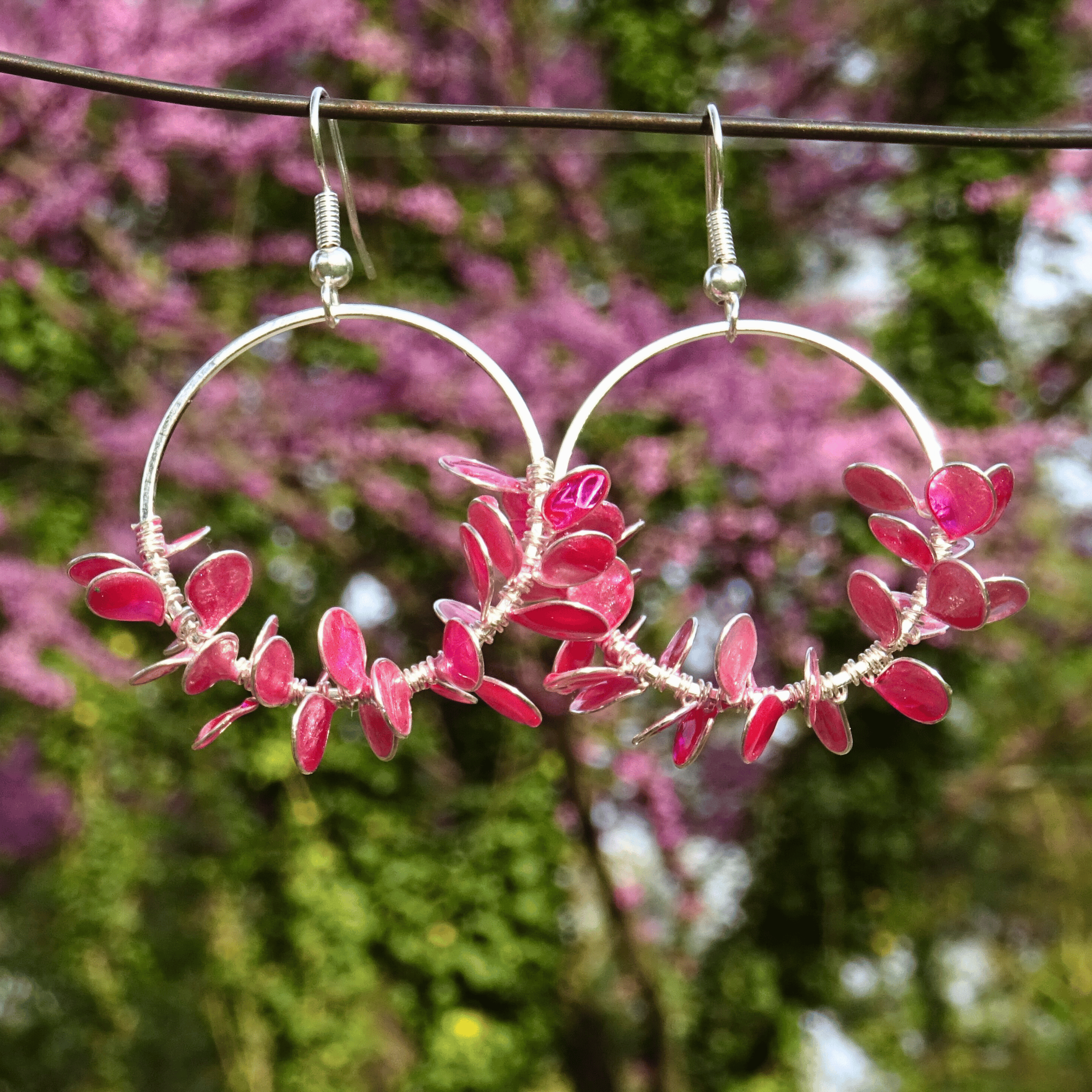 pink flower petal hoop earrings