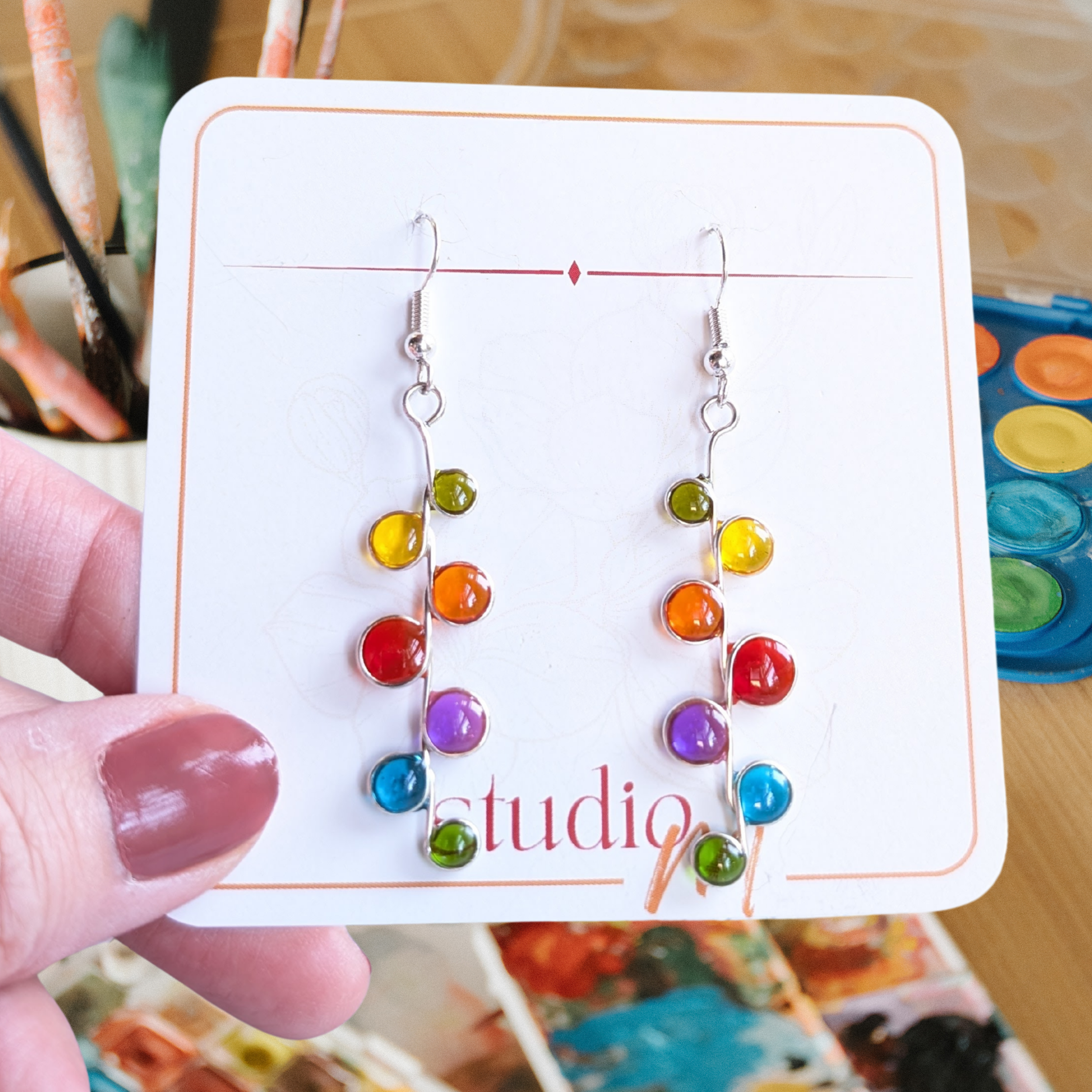 Rainbow stained glass resin earrings in silver
