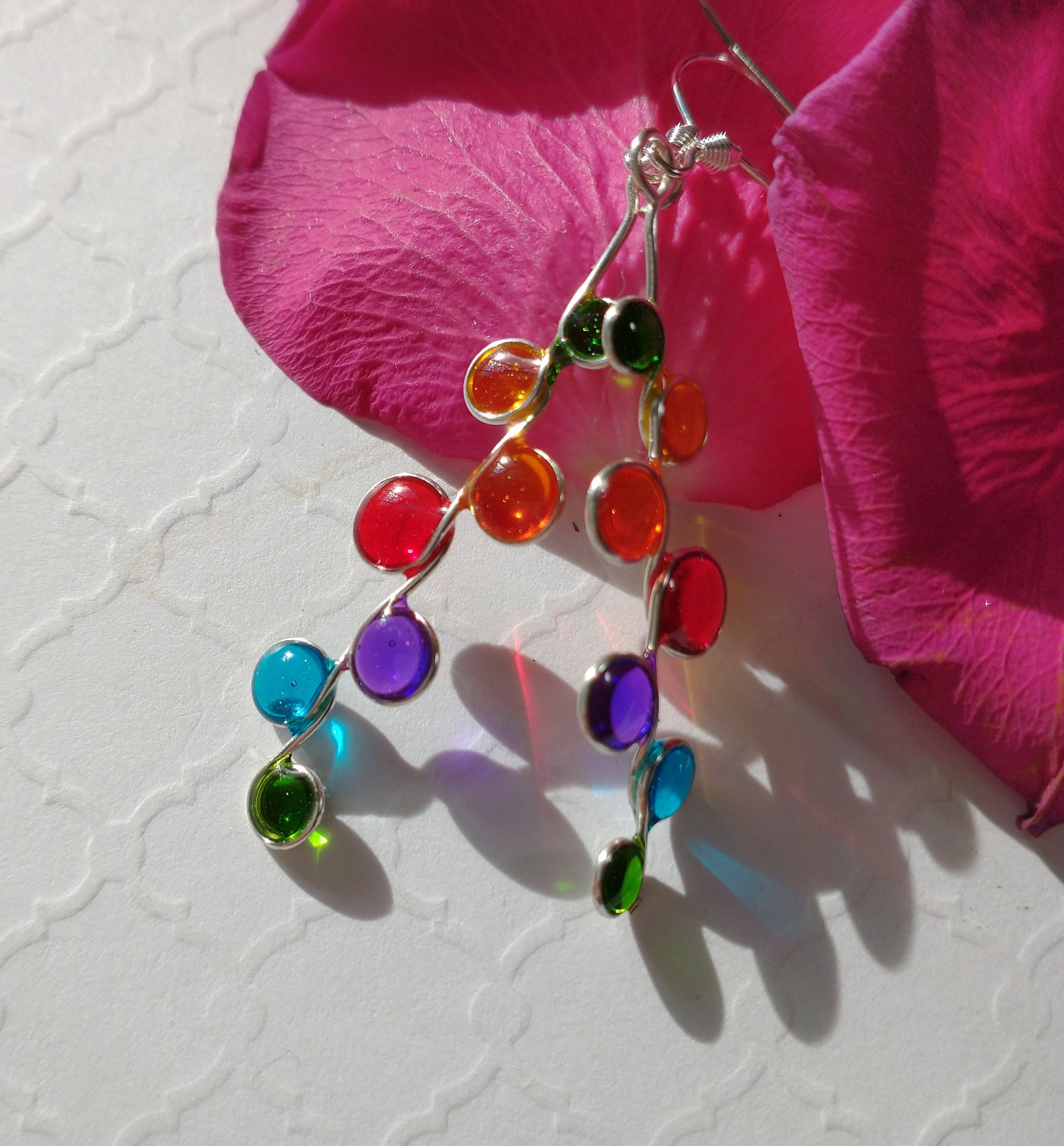 Rainbow stained glass resin earrings in silver