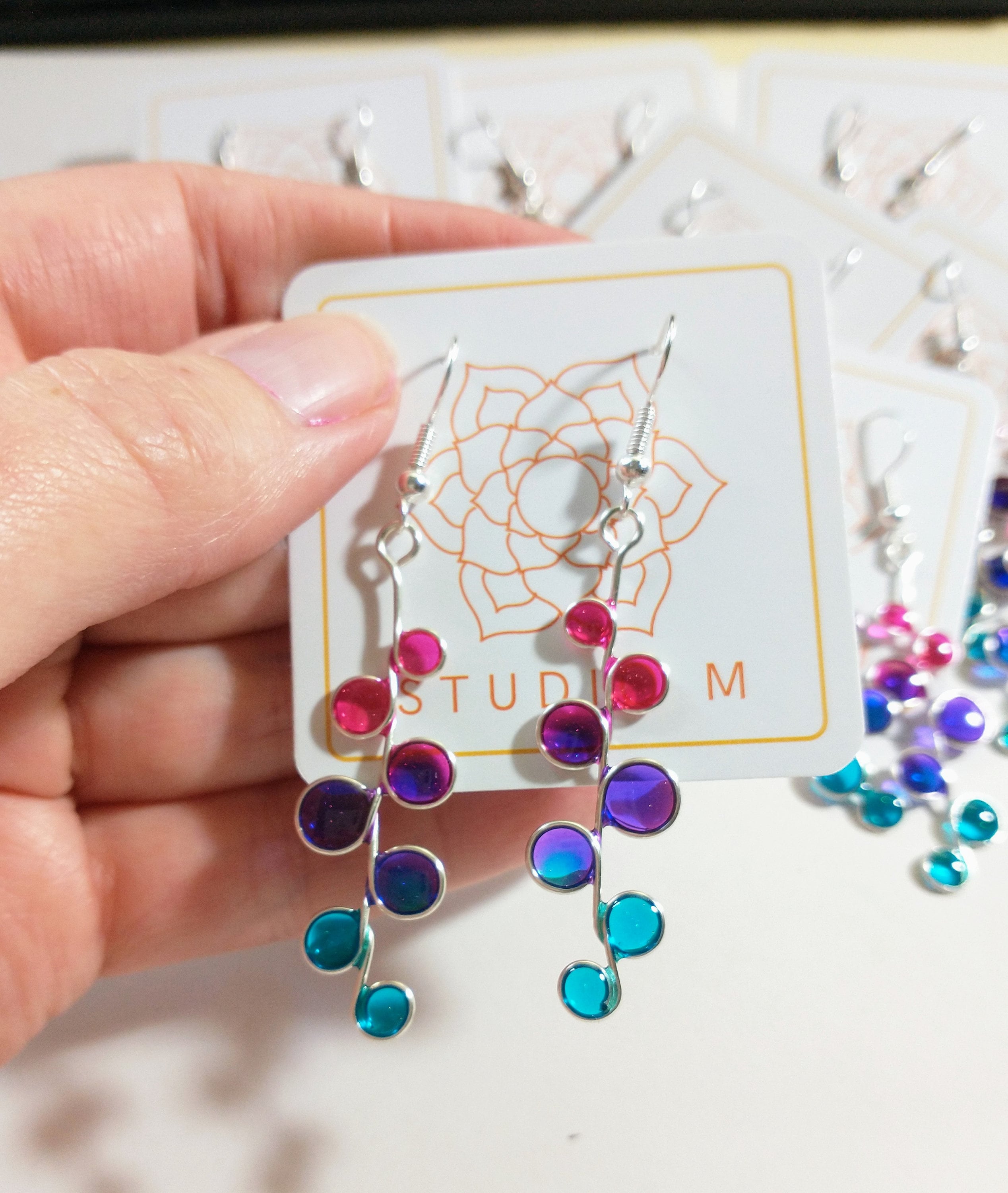 Pink blue and purple stained glass resin earrings