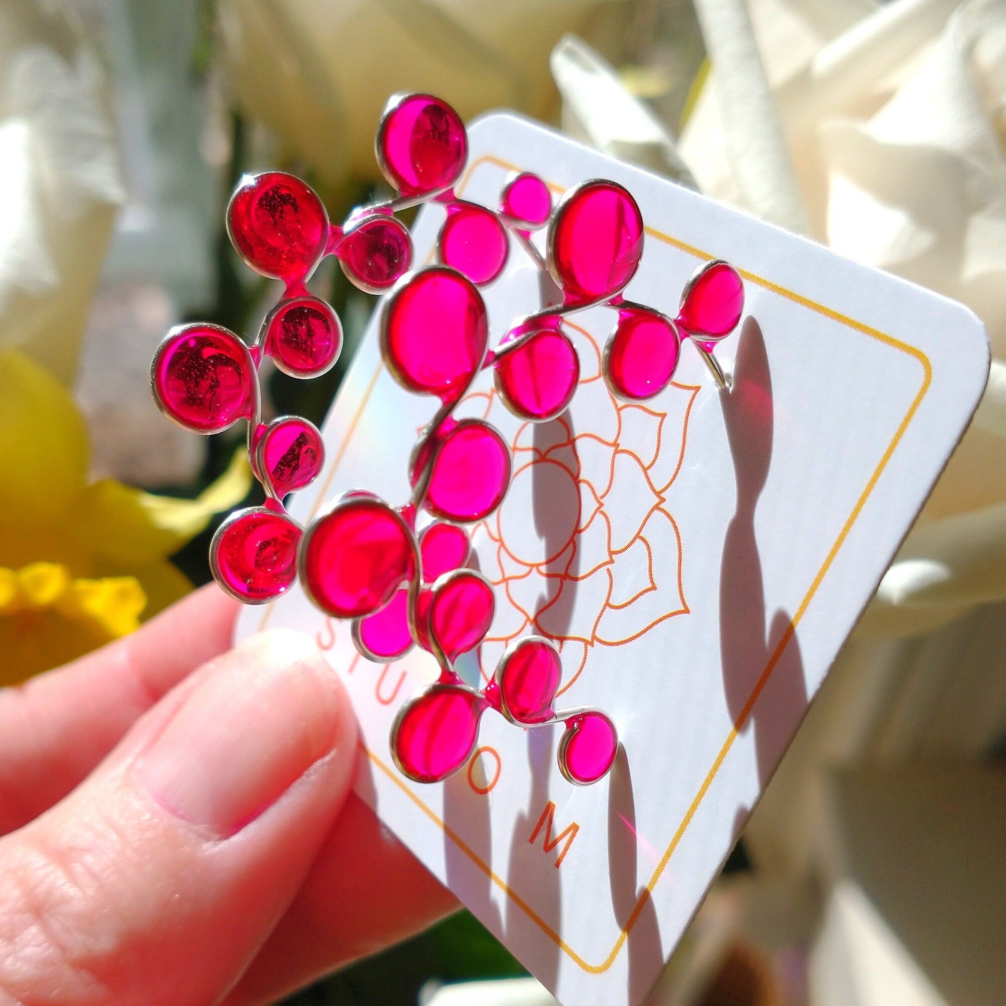 Pink stained glass hoop resin earrings