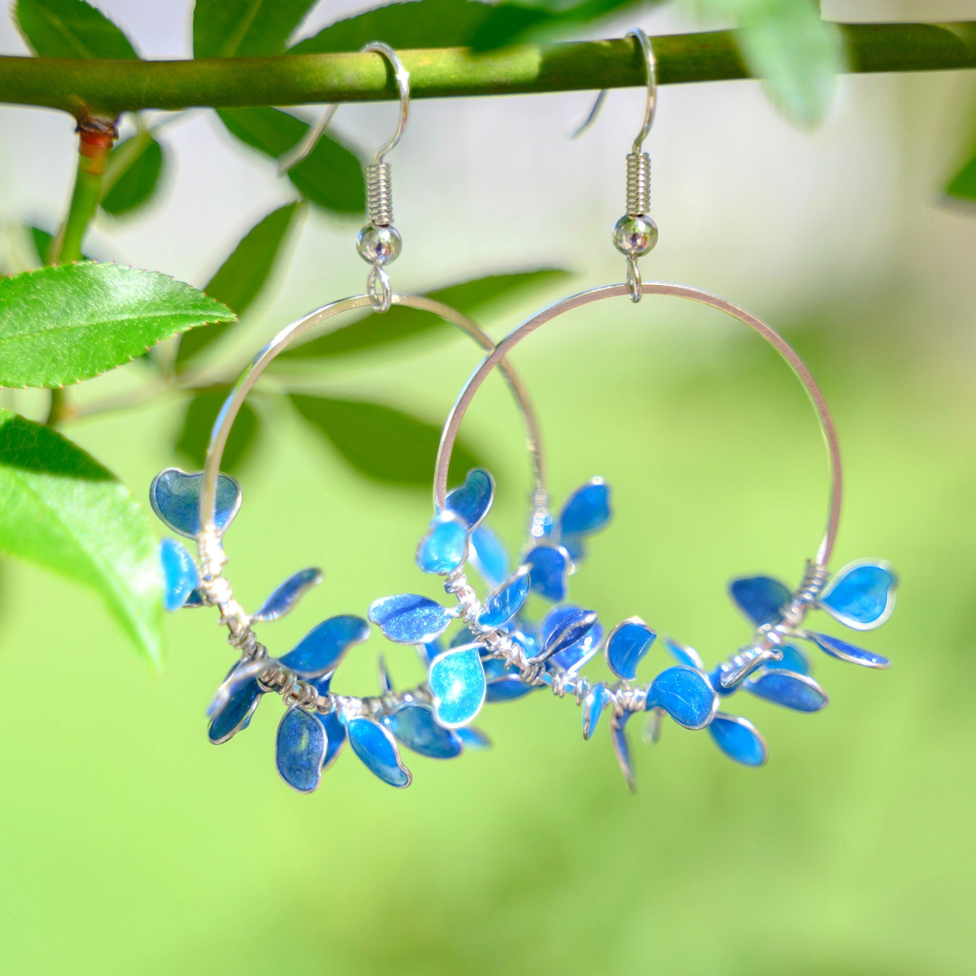 blue flower wreath hoop earrings