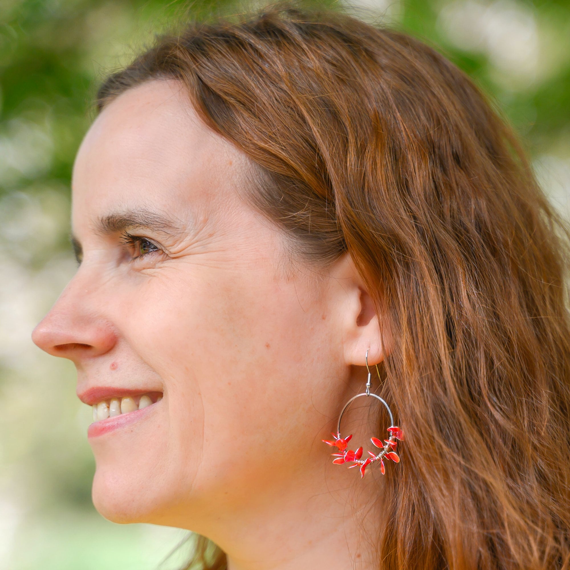 Pink flower wreath hoop earrings