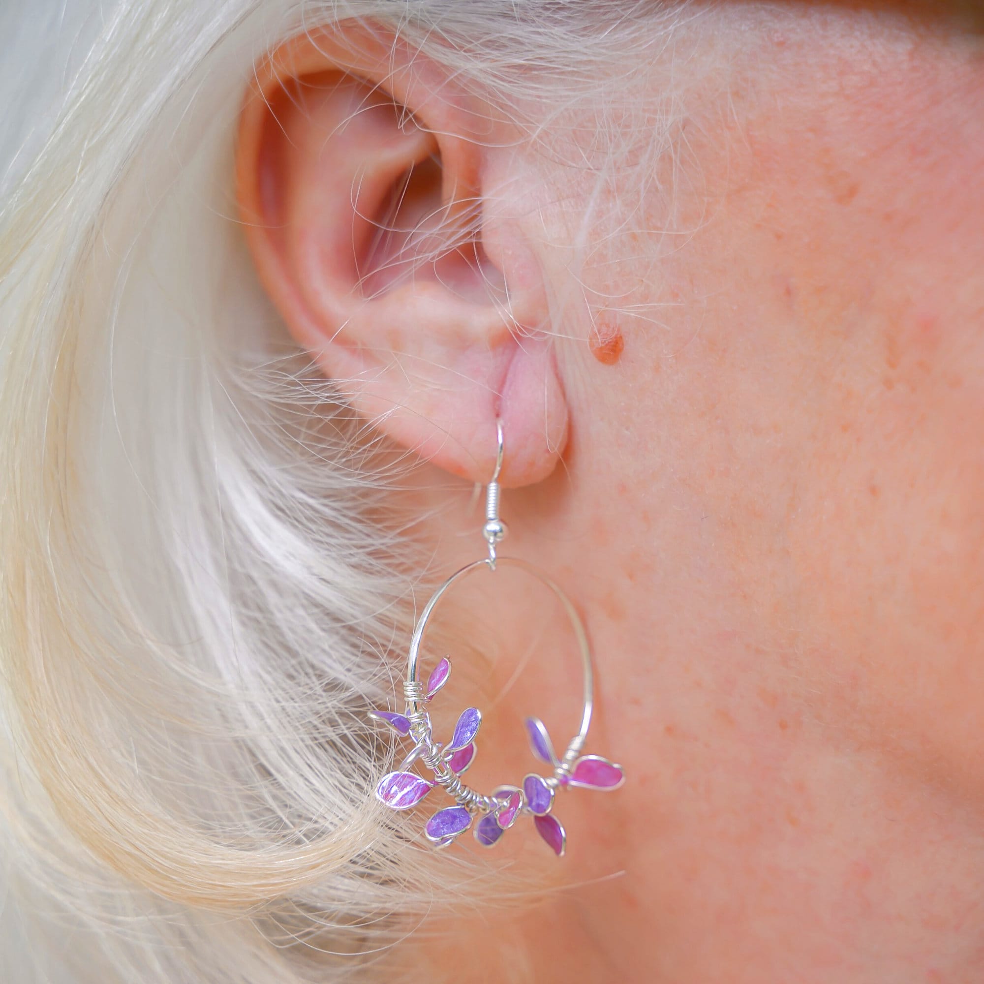 Purple flower wreath hoop earrings