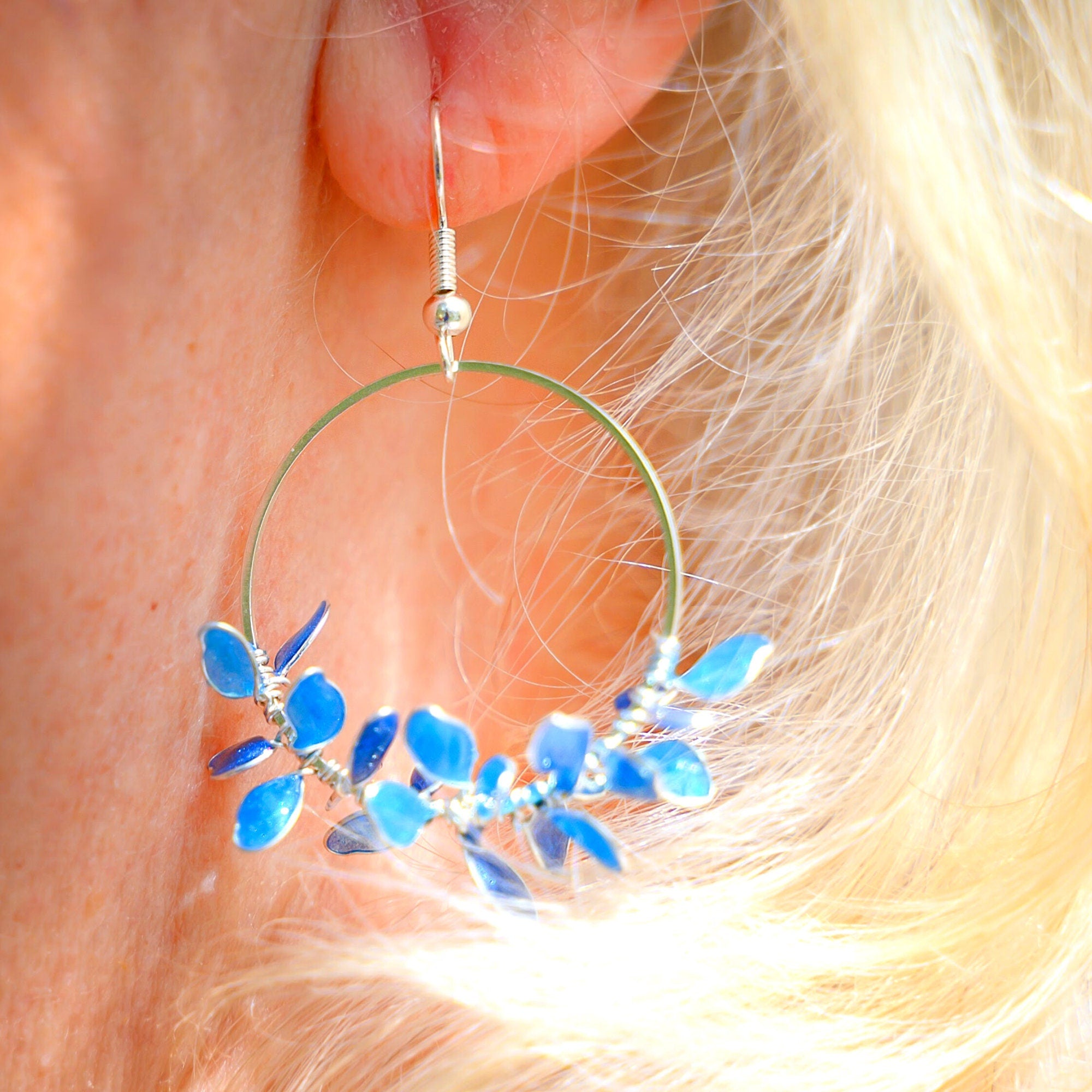 blue flower wreath hoop earrings