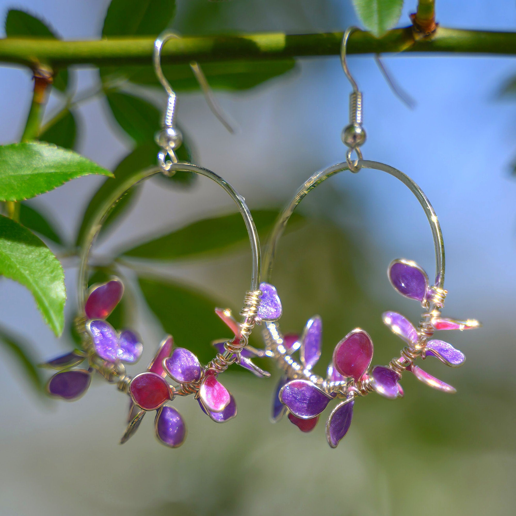 Purple flower wreath hoop earrings