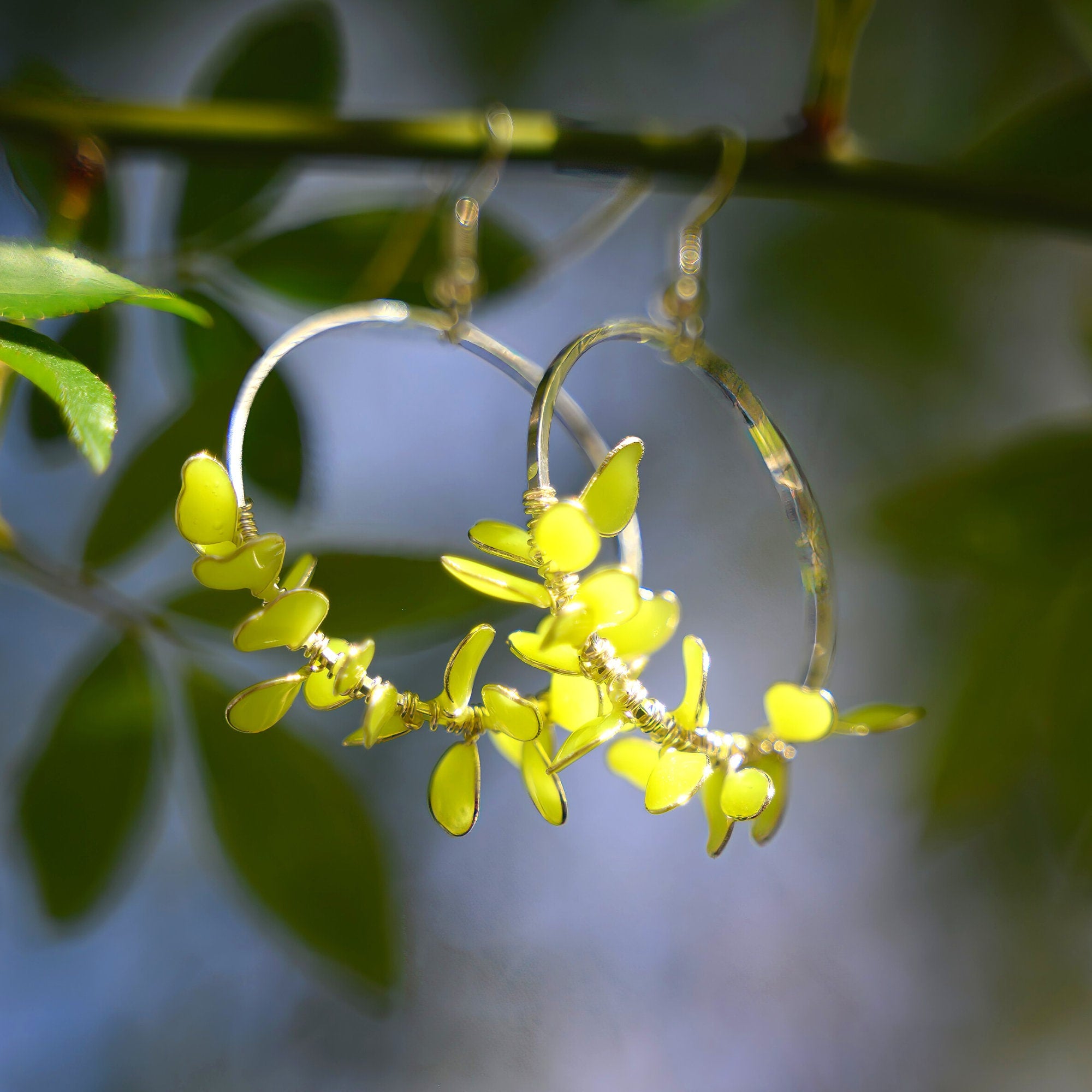 Yellow flower hoop earrings