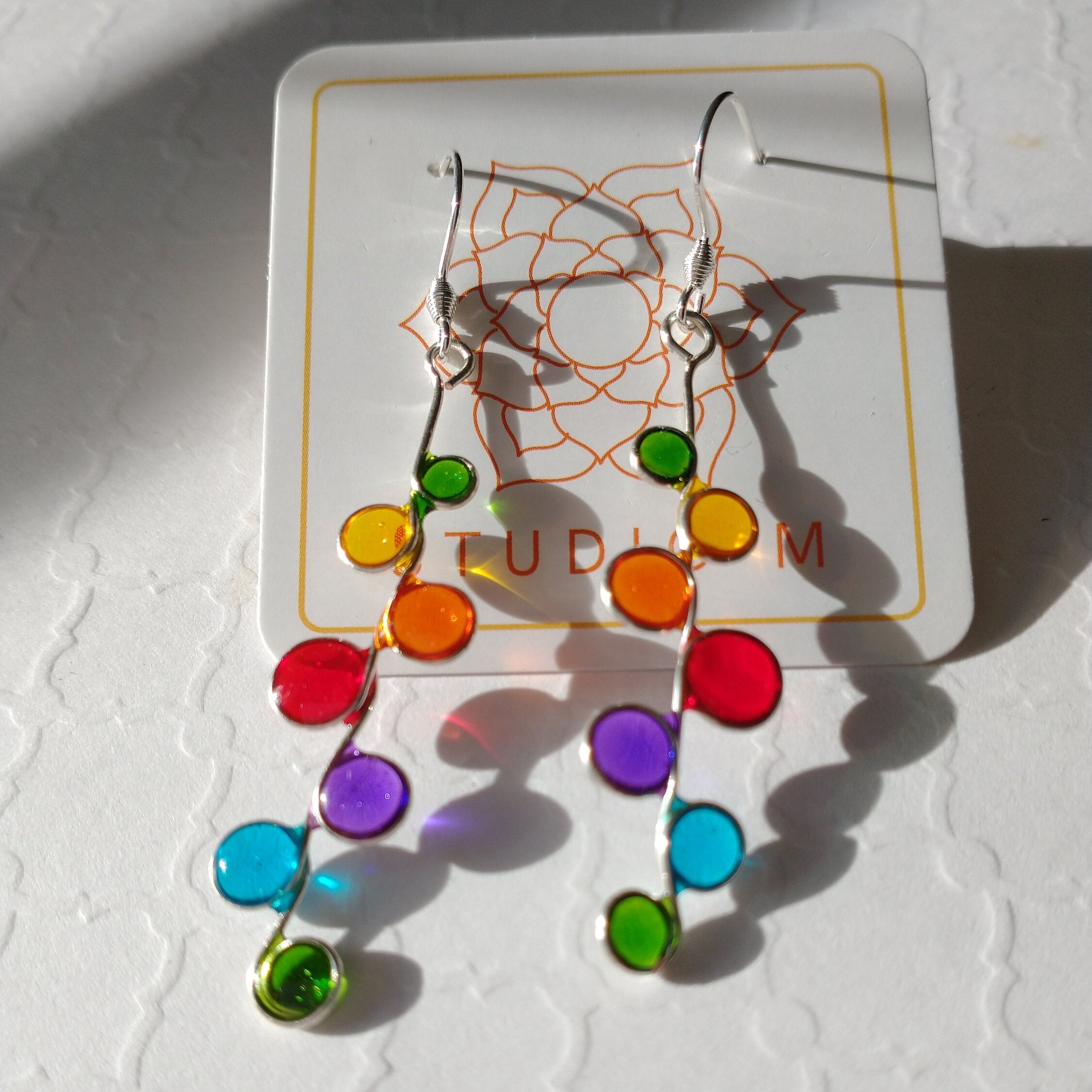 Rainbow stained glass resin earrings in silver