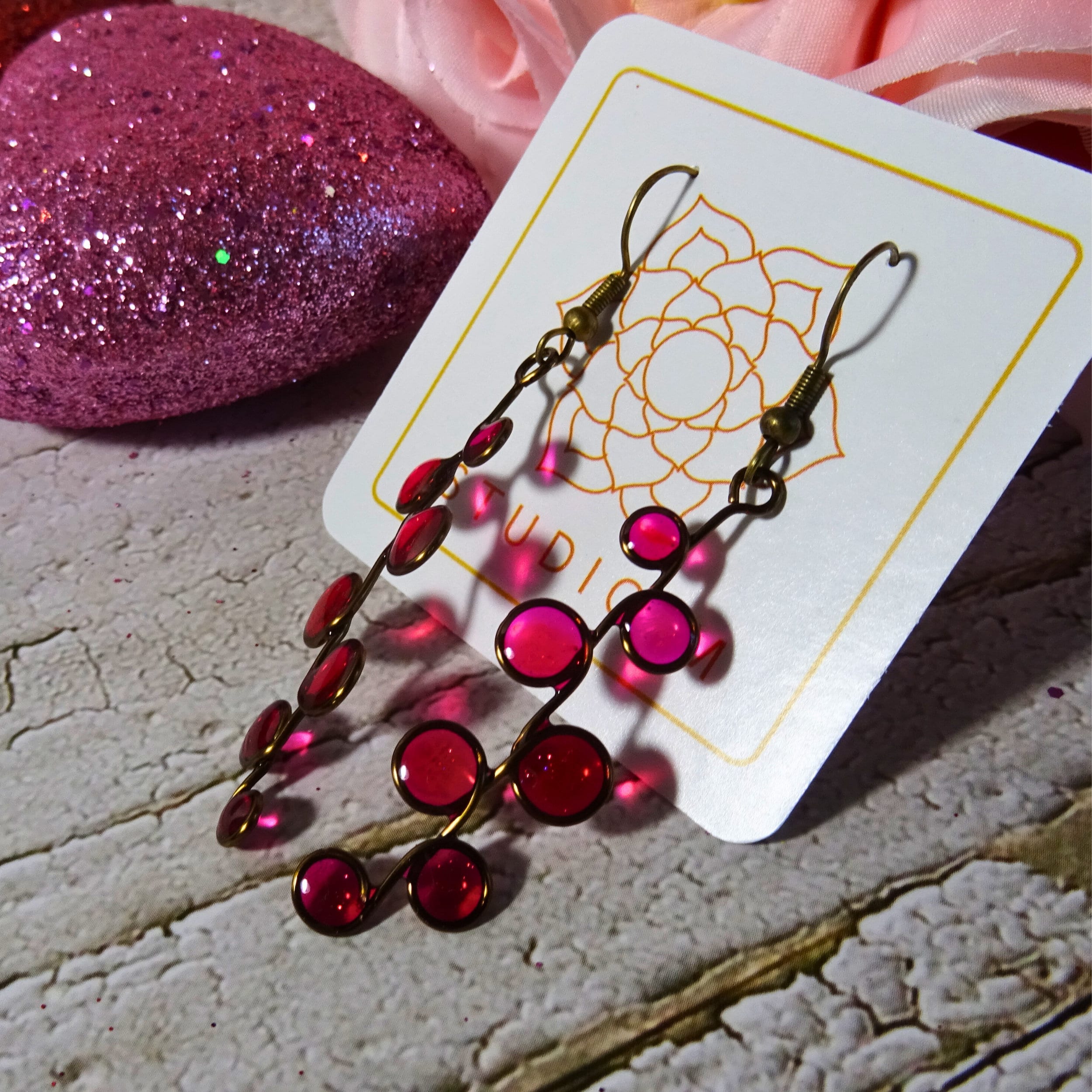 Pink magenta stained glass resin earrings