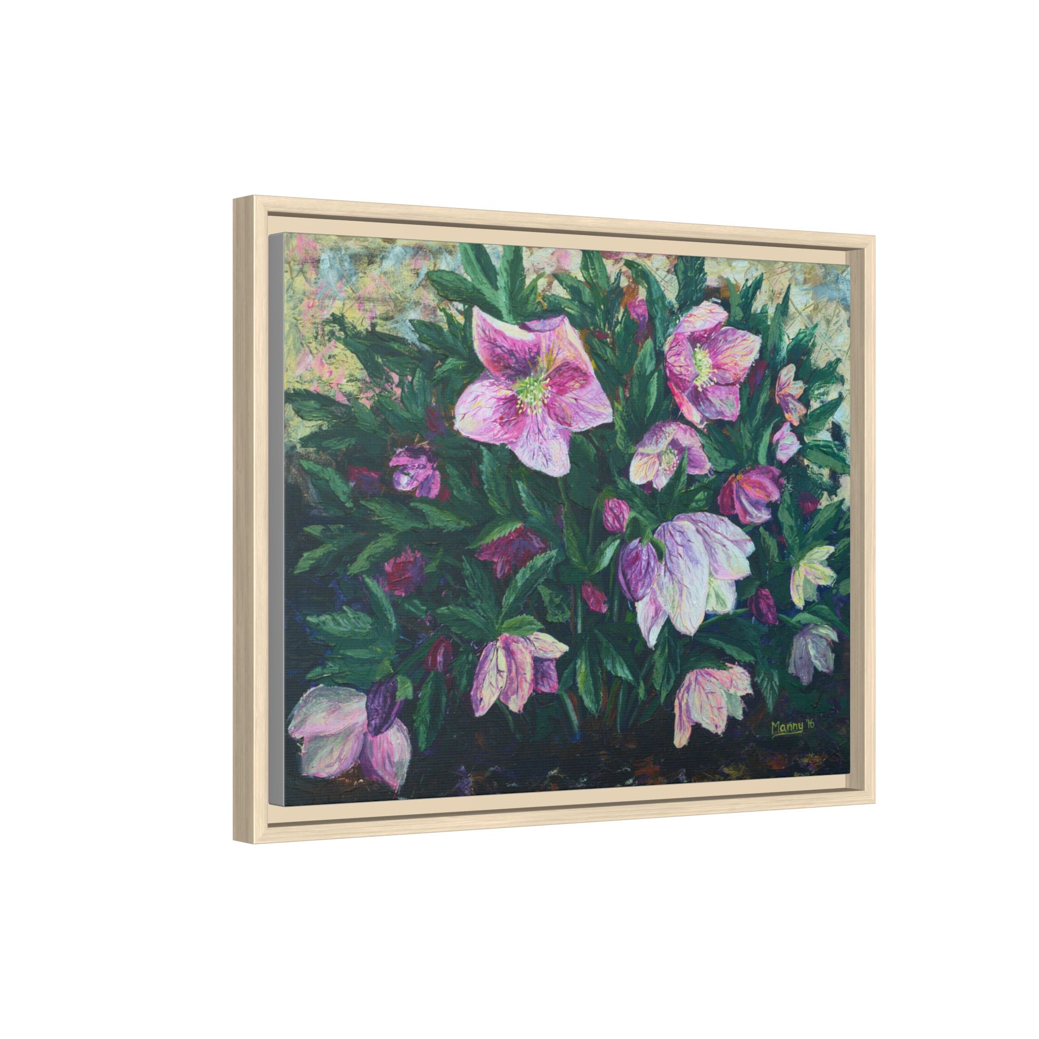Pink Hellebore Botanical Wall Art - Framed Floral Canvas Print