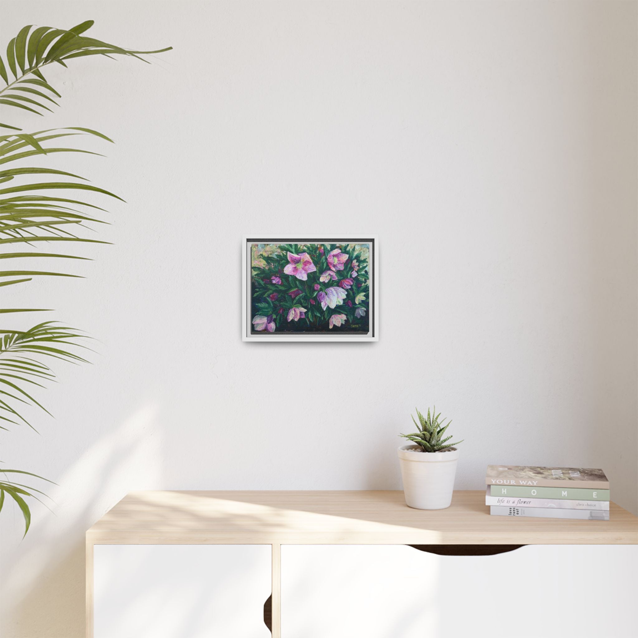 Pink Hellebore Botanical Wall Art - Framed Floral Canvas Print