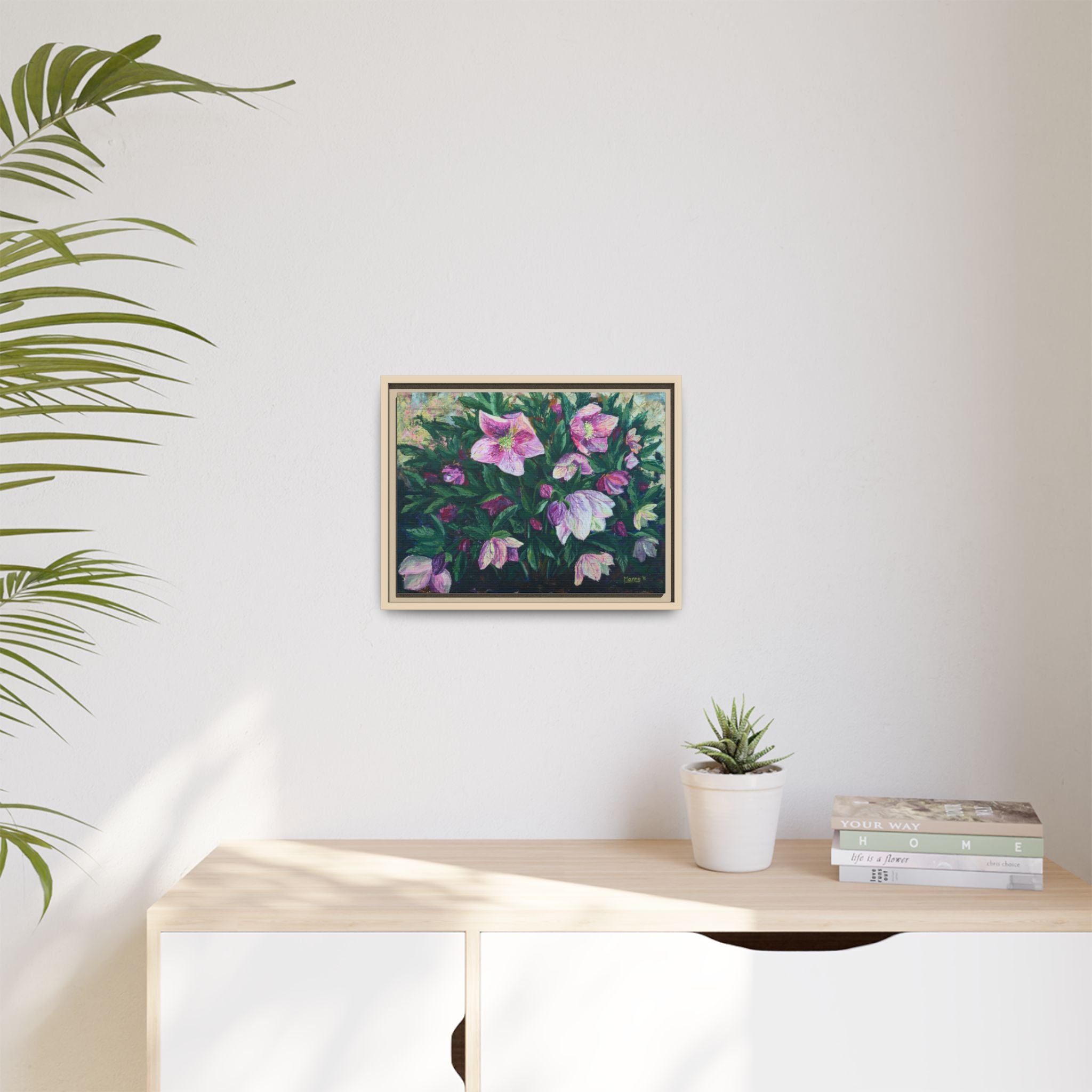 Pink Hellebore Botanical Wall Art - Framed Floral Canvas Print