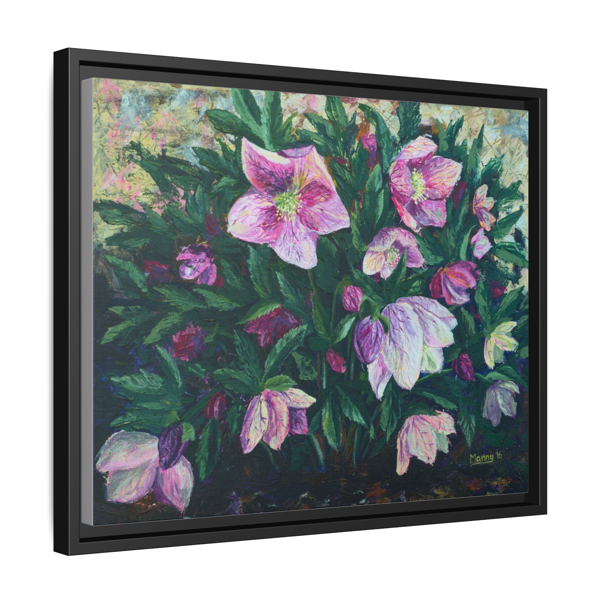 Pink Hellebore Botanical Wall Art - Framed Floral Canvas Print