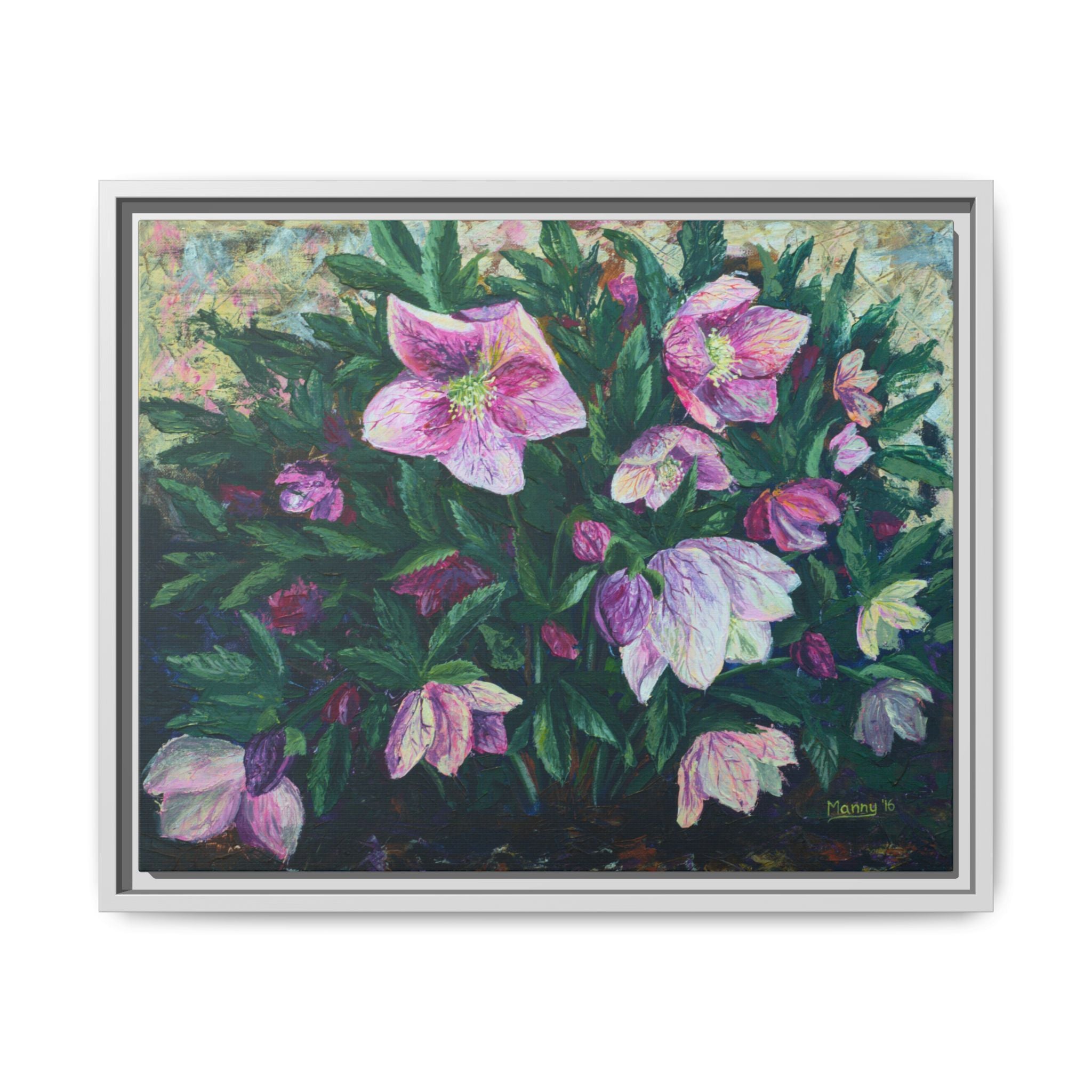 Pink Hellebore Botanical Wall Art - Framed Floral Canvas Print