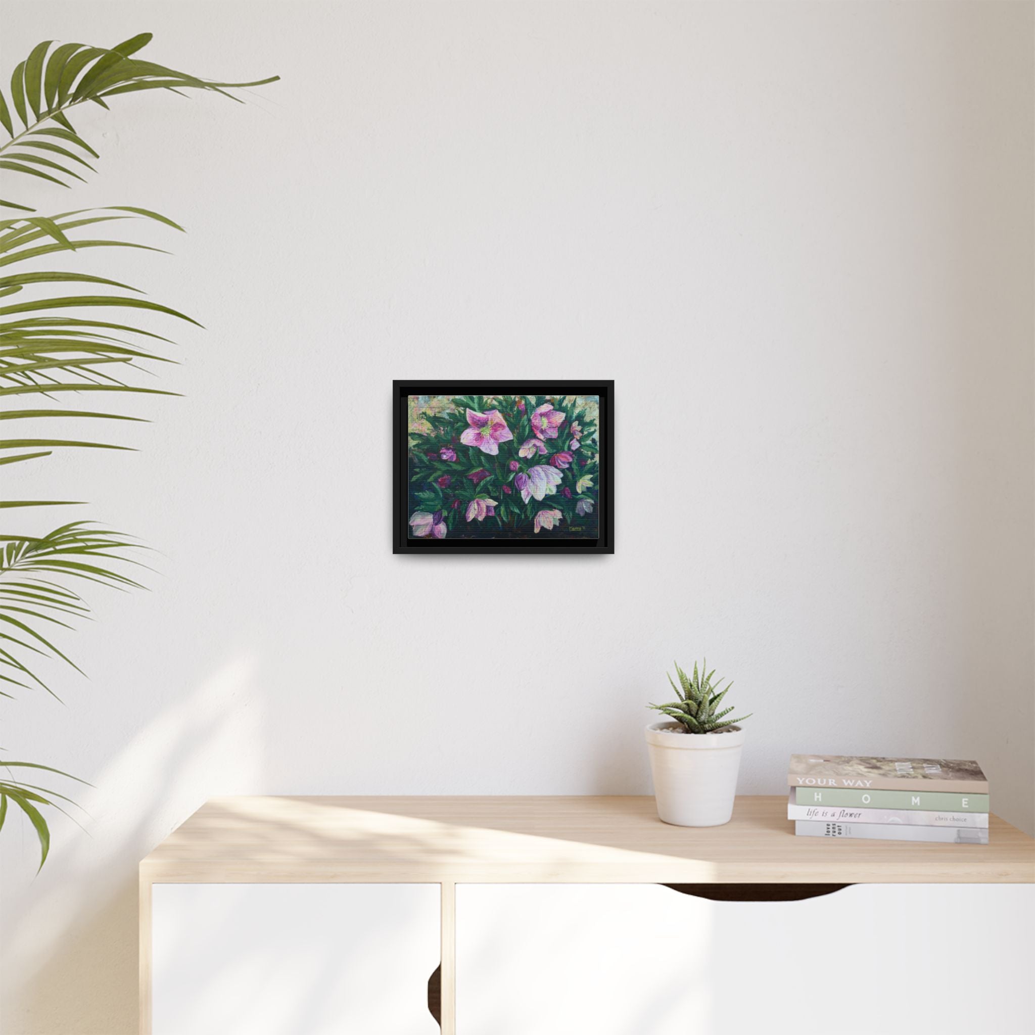 Pink Hellebore Botanical Wall Art - Framed Floral Canvas Print