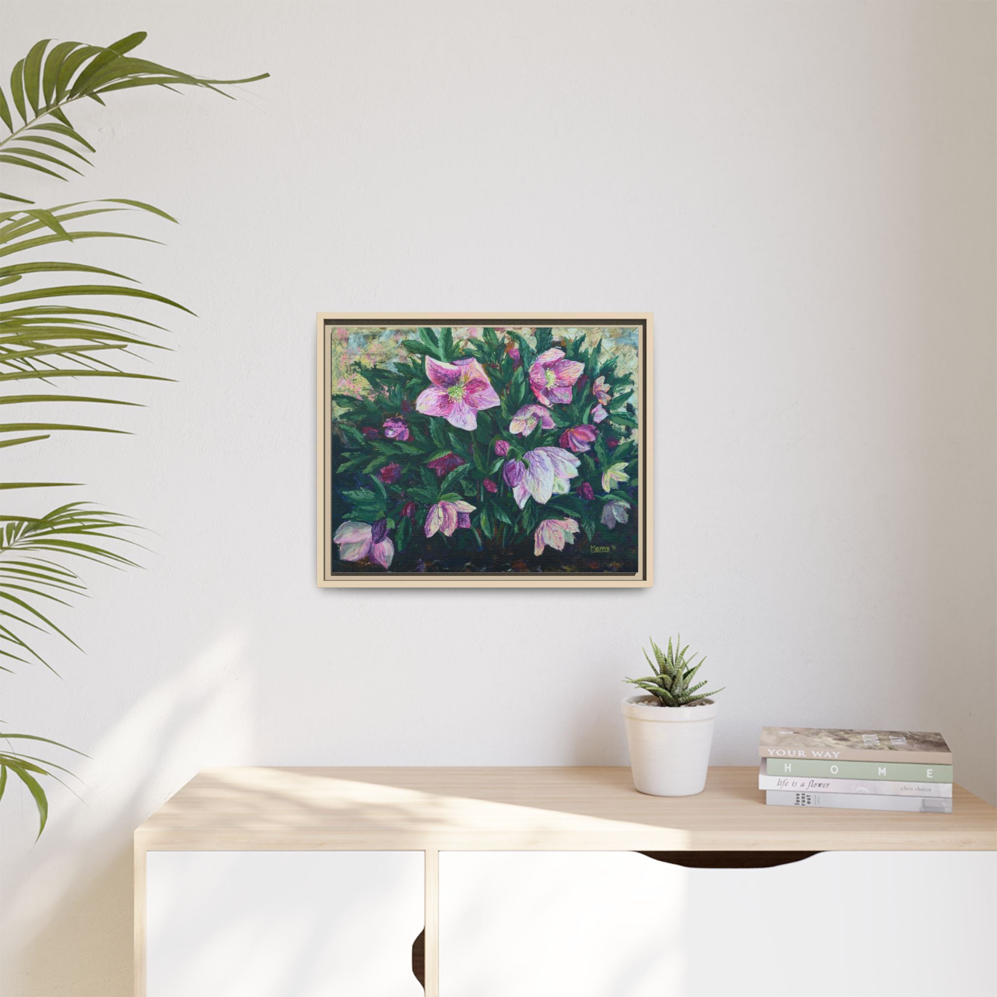 Pink Hellebore Botanical Wall Art - Framed Floral Canvas Print