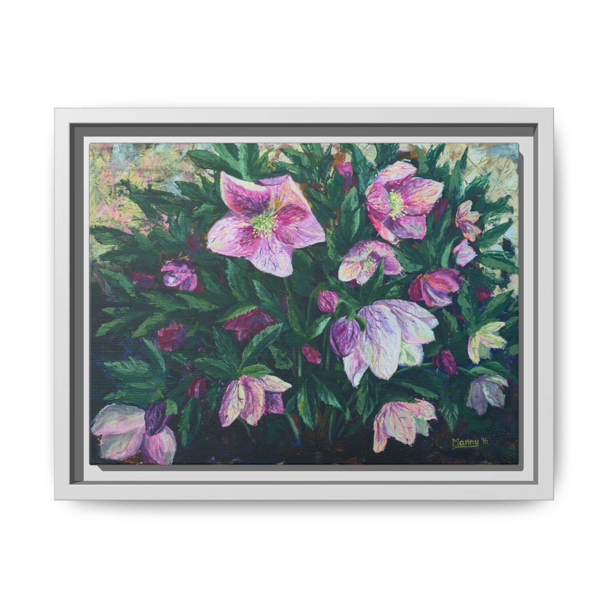 Pink Hellebore Botanical Wall Art - Framed Floral Canvas Print