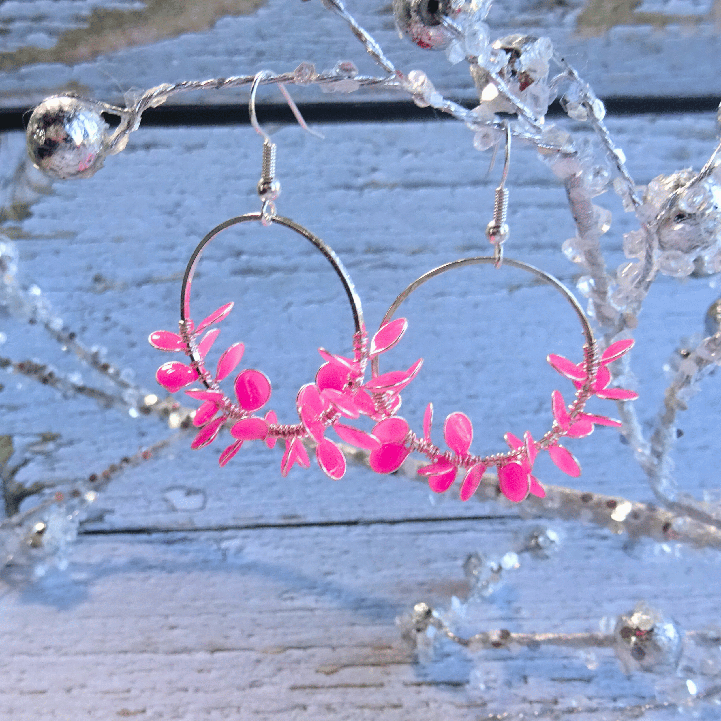 Pink hoop flower earrings