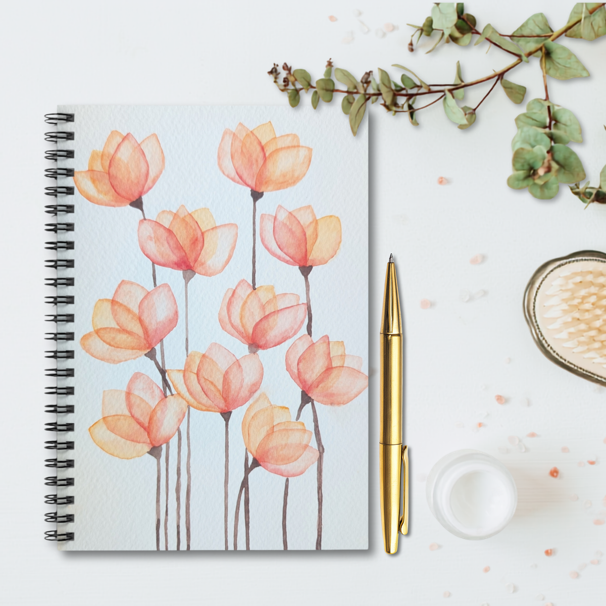 Peachy Floral Watercolor Spiral Notebook