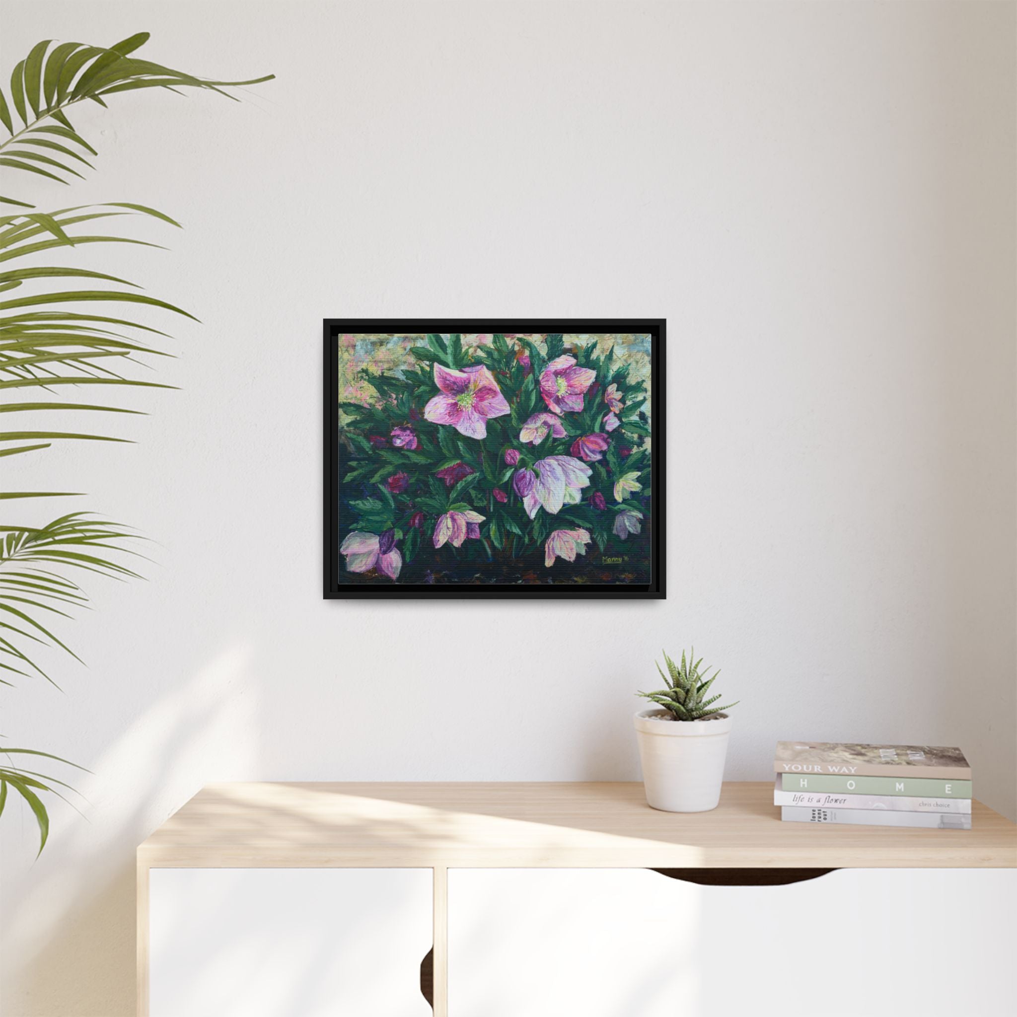 Pink Hellebore Botanical Wall Art - Framed Floral Canvas Print