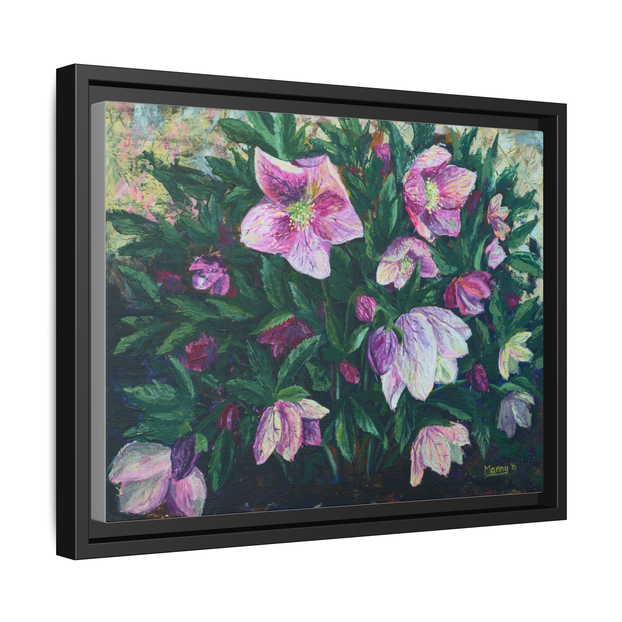 Pink Hellebore Botanical Wall Art - Framed Floral Canvas Print