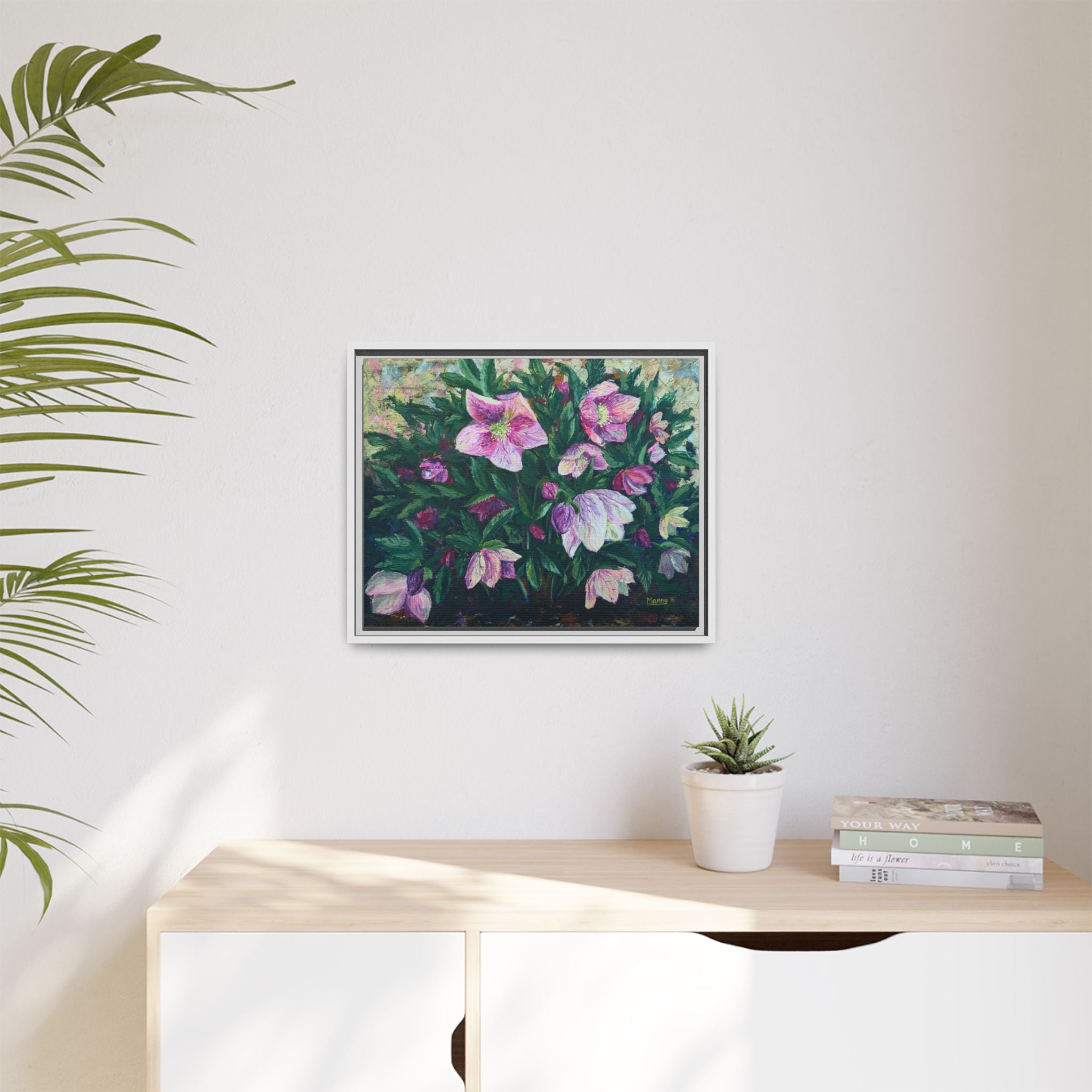 Pink Hellebore Botanical Wall Art - Framed Floral Canvas Print