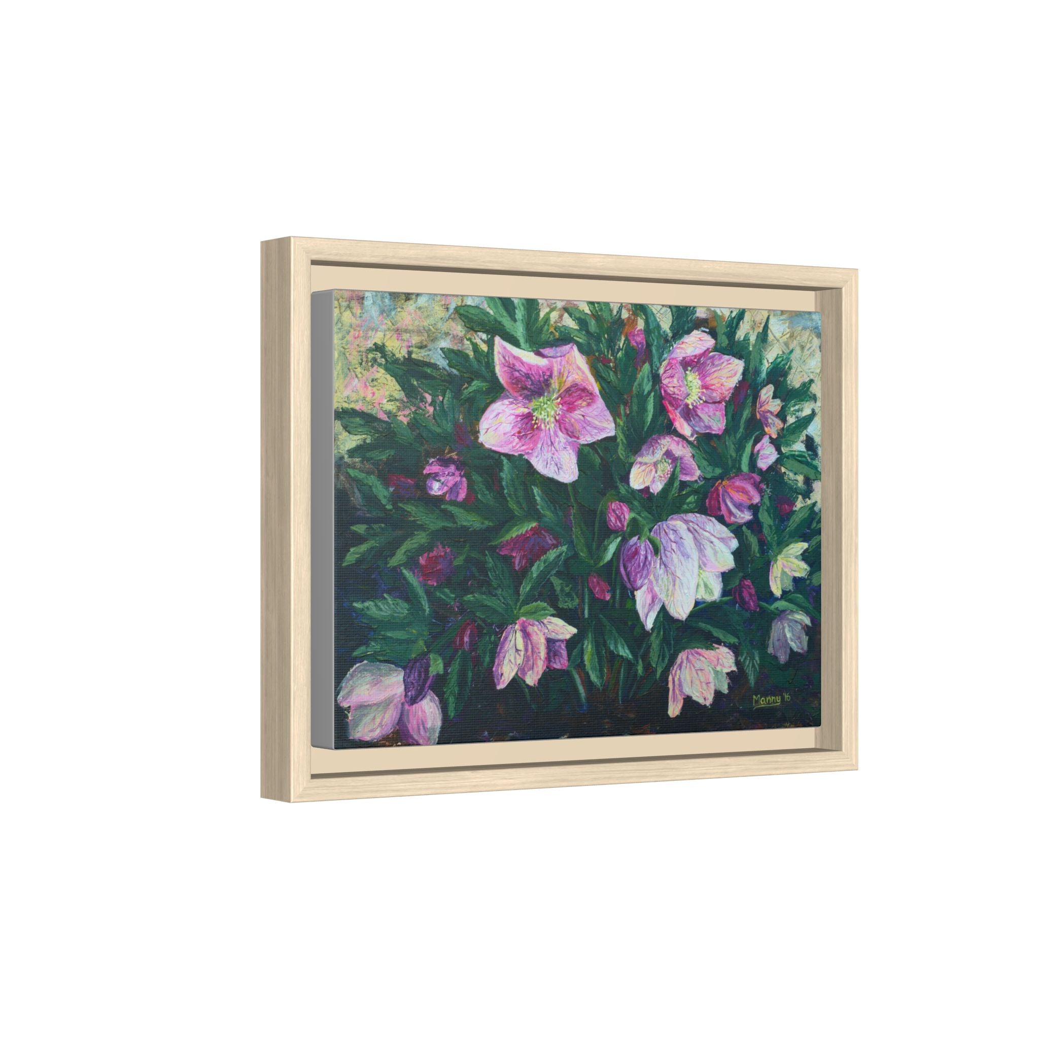 Pink Hellebore Botanical Wall Art - Framed Floral Canvas Print