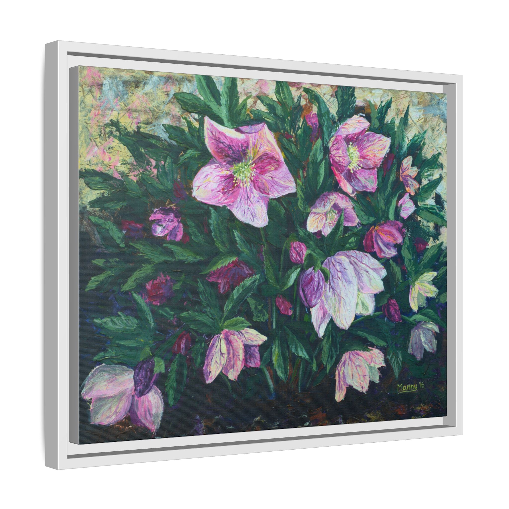Pink Hellebore Botanical Wall Art - Framed Floral Canvas Print