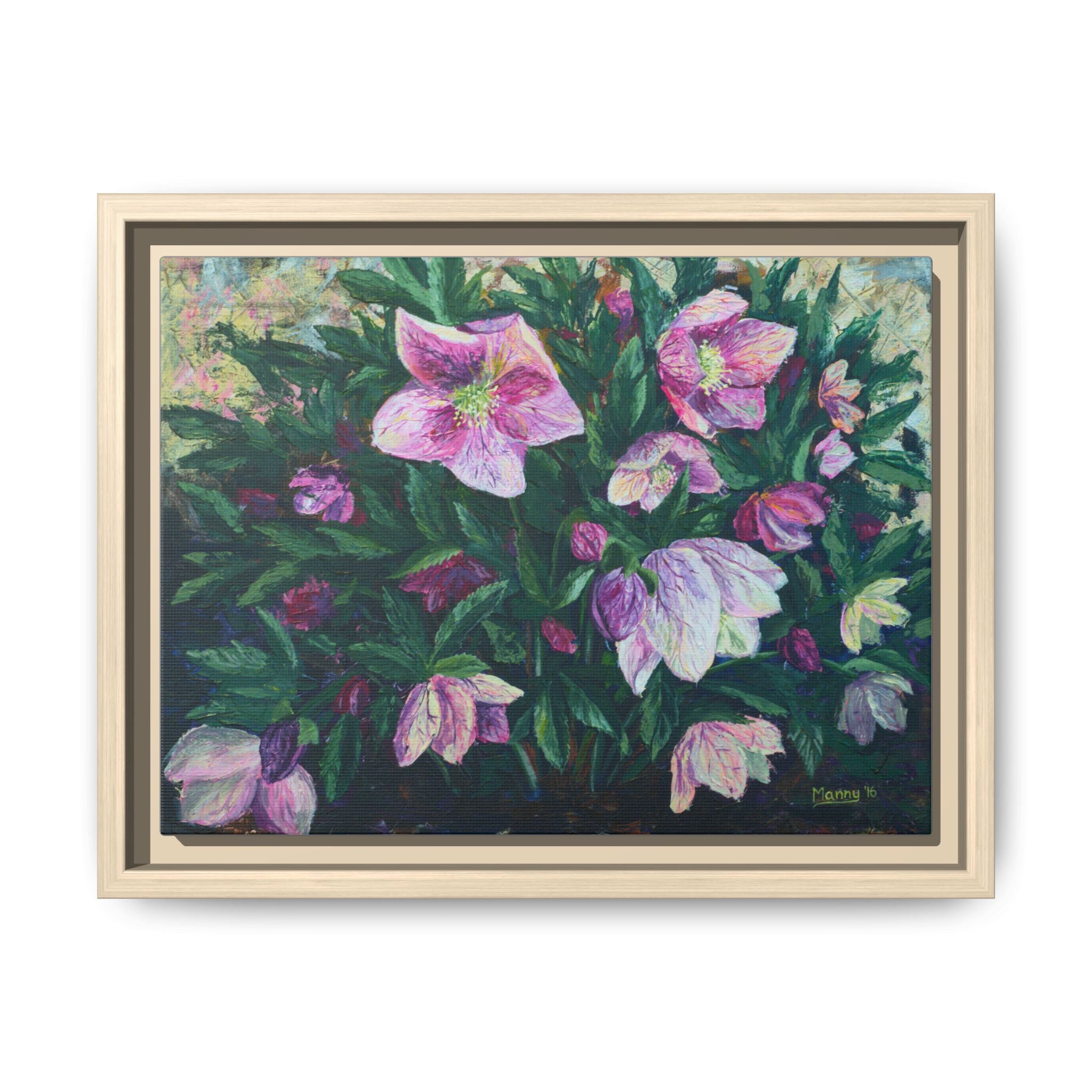 Pink Hellebore Botanical Wall Art - Framed Floral Canvas Print