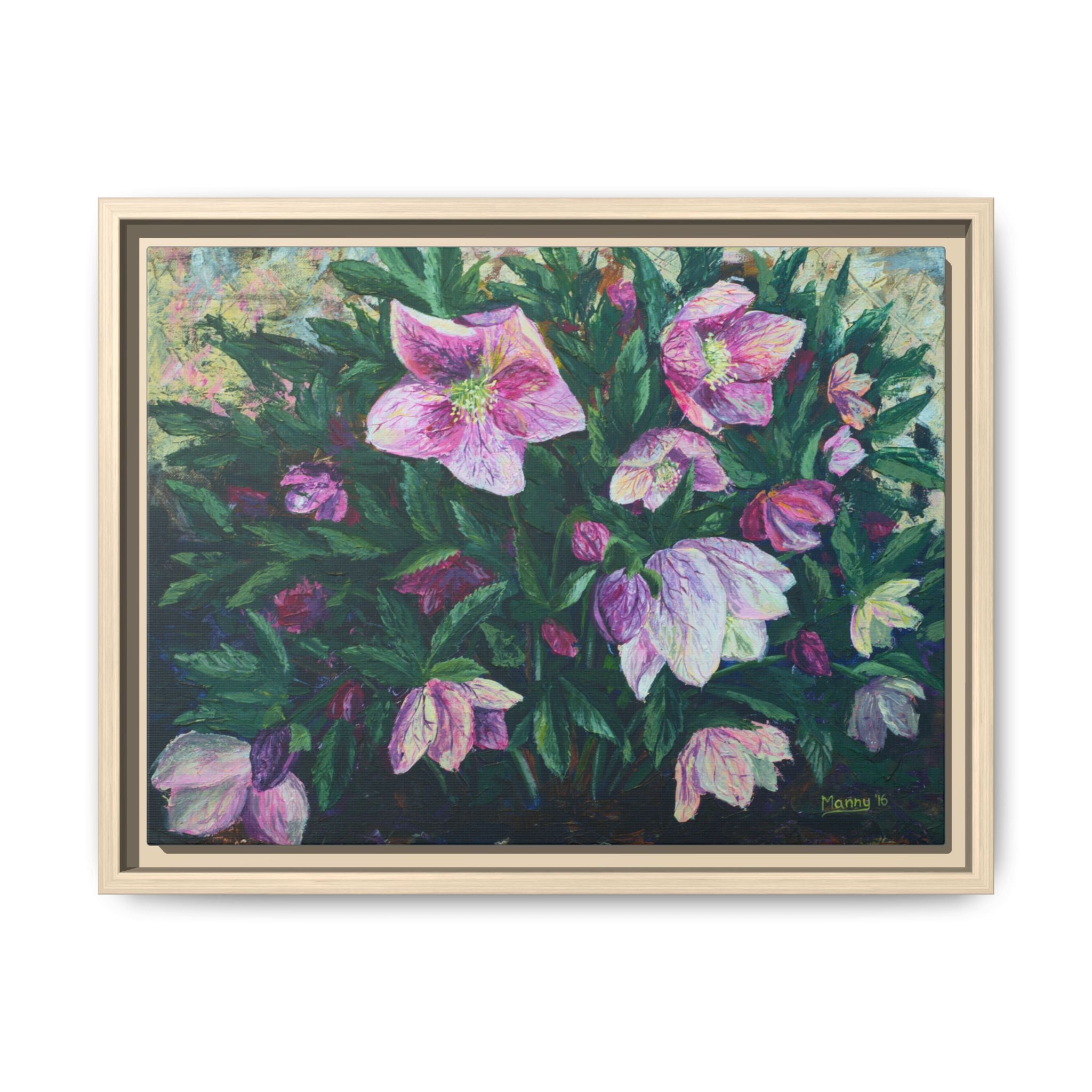 Pink Hellebore Botanical Wall Art - Framed Floral Canvas Print