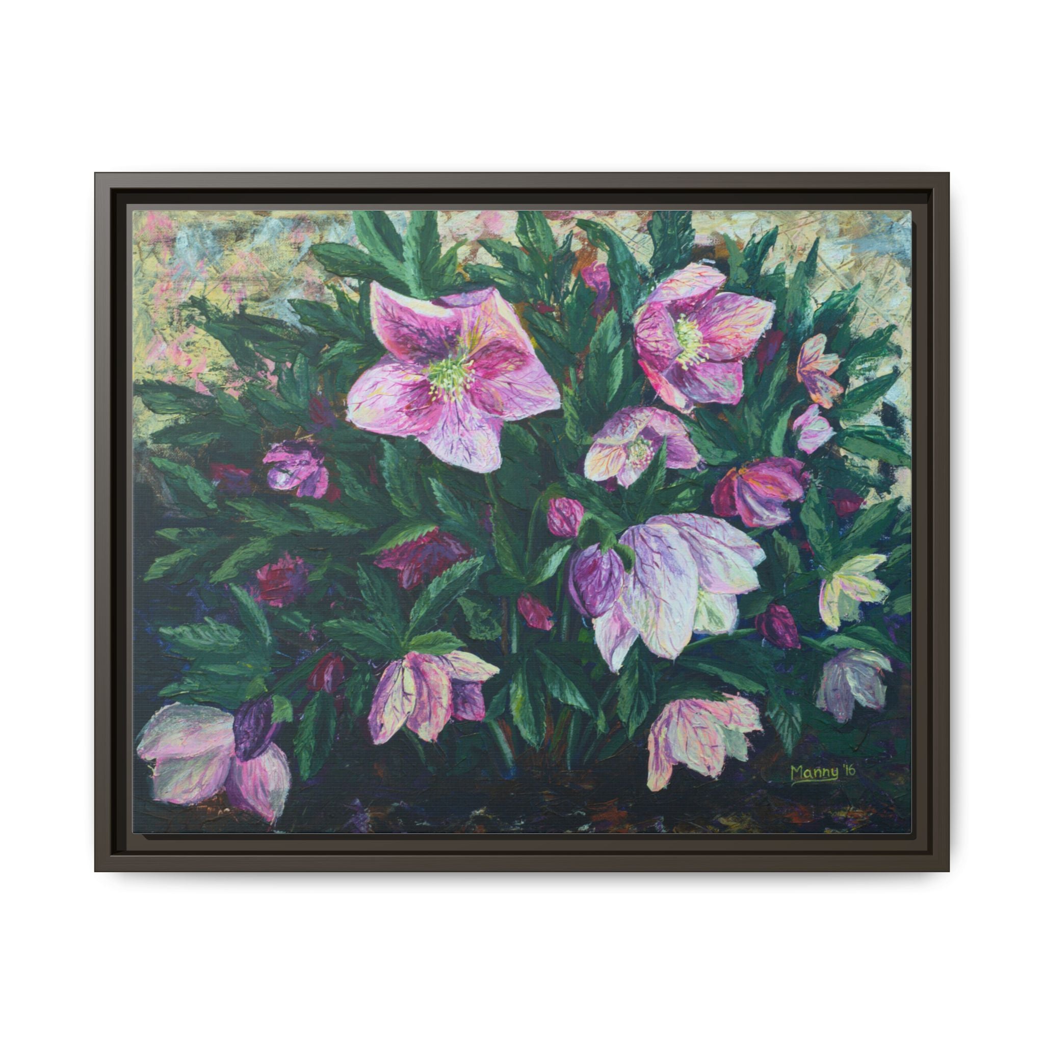 Pink Hellebore Botanical Wall Art - Framed Floral Canvas Print