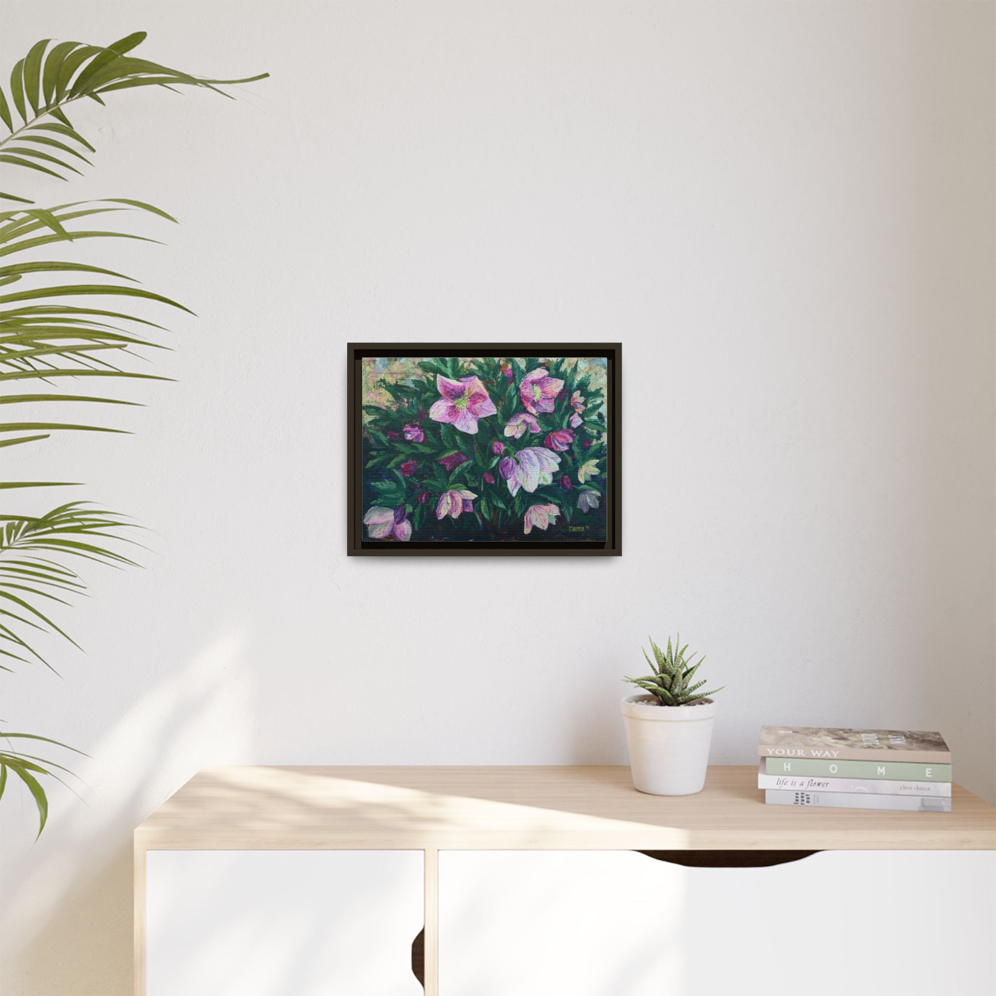 Pink Hellebore Botanical Wall Art - Framed Floral Canvas Print